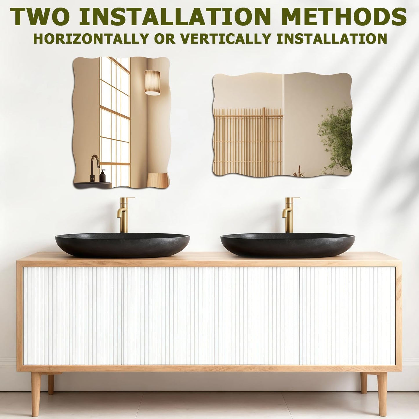 QEEYON 16x12 inch Glass Wavy Mirror for Wall Decor, Small Rectangular Wall Mirror with Wavy Edges and 2-Sided Stickers, Scalloped Wall Mounted Mirror for Bathroom, Bedroom, Living Room, Entryway