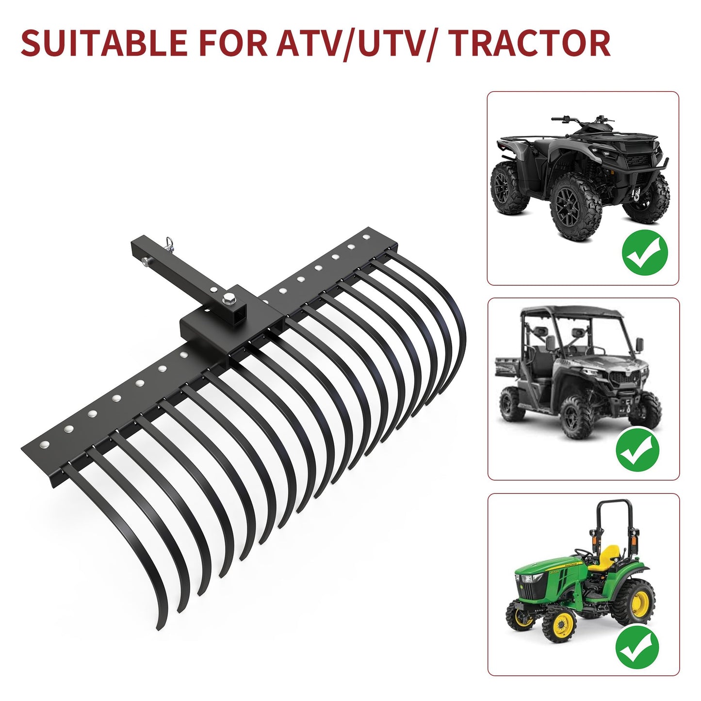 YITAMOTOR 48" Tow Behind Landscape Rake, 2" Receiver Lown Dethatcher Rack with 17 Steel Tines for ATV/UTV & 3-Point Hitch Systems Tractor, for Leaves, Debris, Grass, Pine Needles