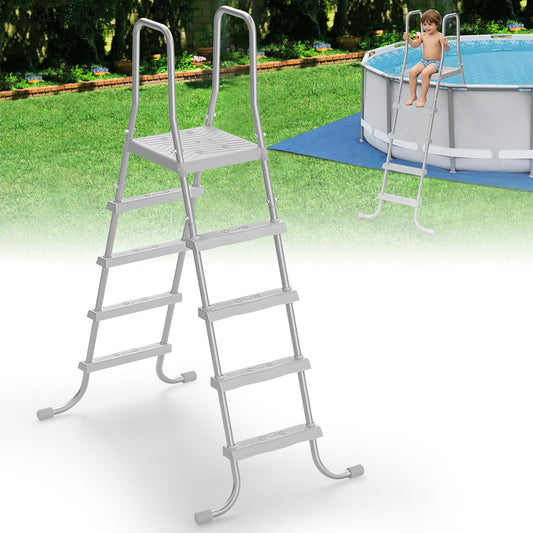52" 4-Step Steel Frame Above Ground Swimming Pool Ladder, Heavy Duty Double Sided Removable Pool Steps with Non-Slip Plastic Steps and Platform for Entry and Exit the Pool