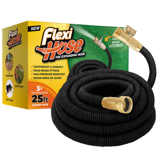 Flexi Hose Lightweight Expandable Garden Hose, 25FT -Retractable Garden Hose, Water Hose - No-Kink Flexibility, 3/4 Inch Solid Brass Fittings and Double Latex Core