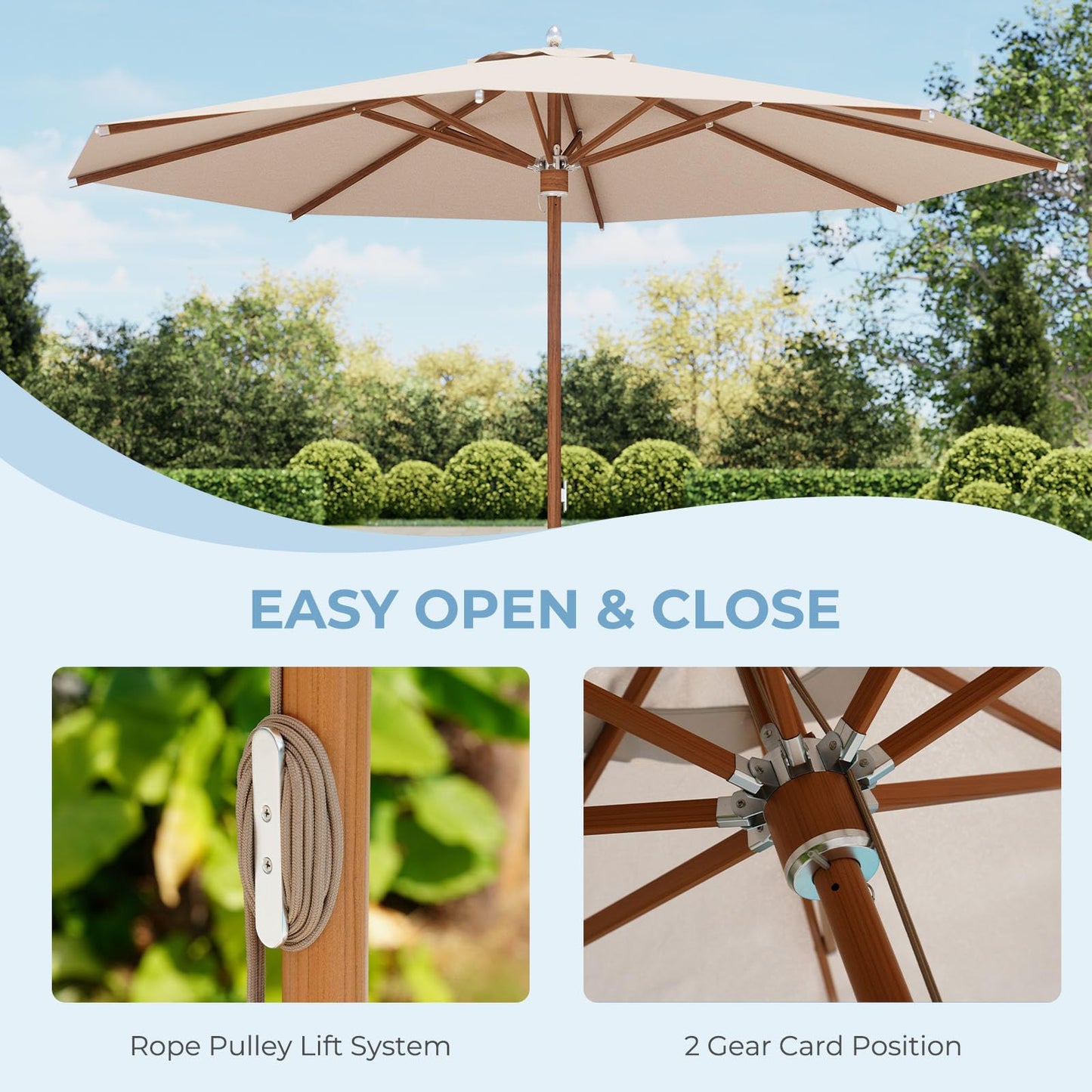 Grand patio 11 FT 10-Year-Non-Fading Patio Umbrella, Outdoor Umbrella with 8 Faux-Wood Grain Aluminum Ribs, Market Umbrella with Pulley Lift, Ventilation, Waterproof for Poolside, Deck, Backyard, Gray Fabric
