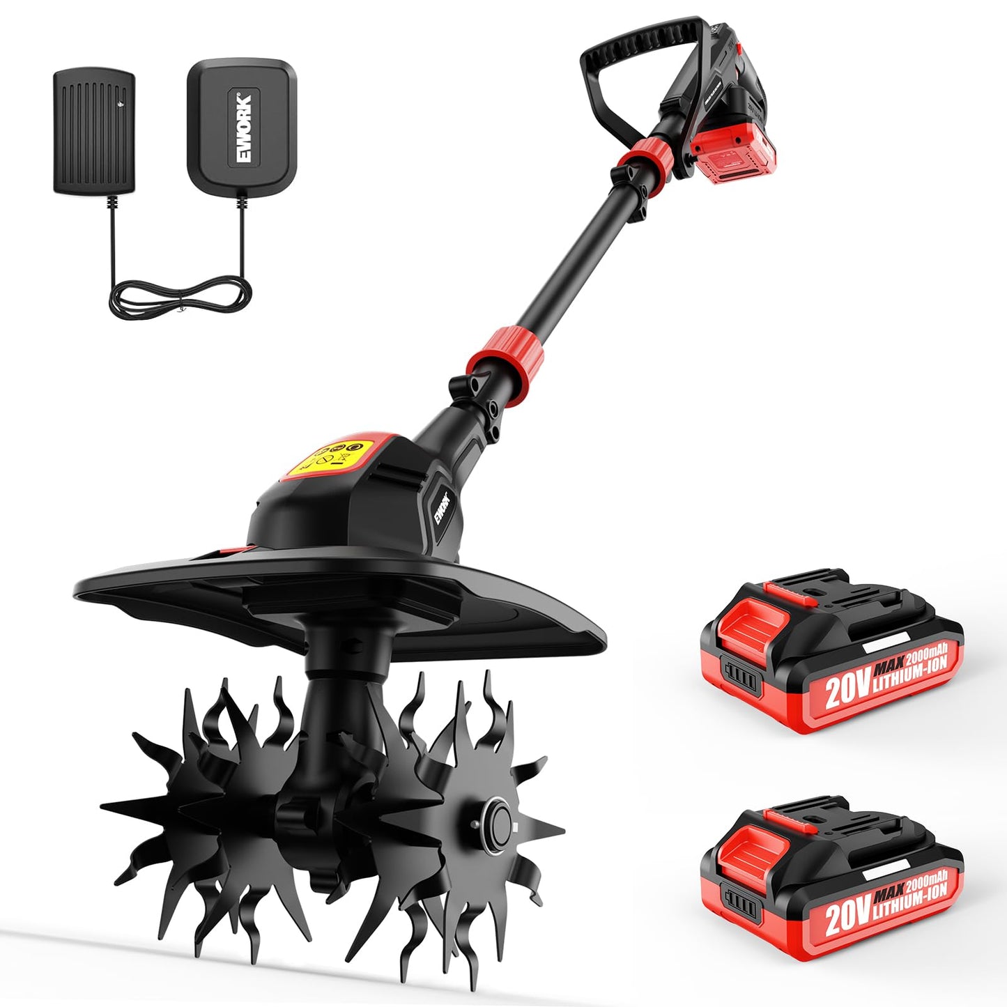 EWORK 20V Cordless Tiller Cultivator with 2×2.0Ah Batteries & Fast Charger,9" Width 7" Depth Electric Garden Rototiller for Yard Lawn Soil Cultivation