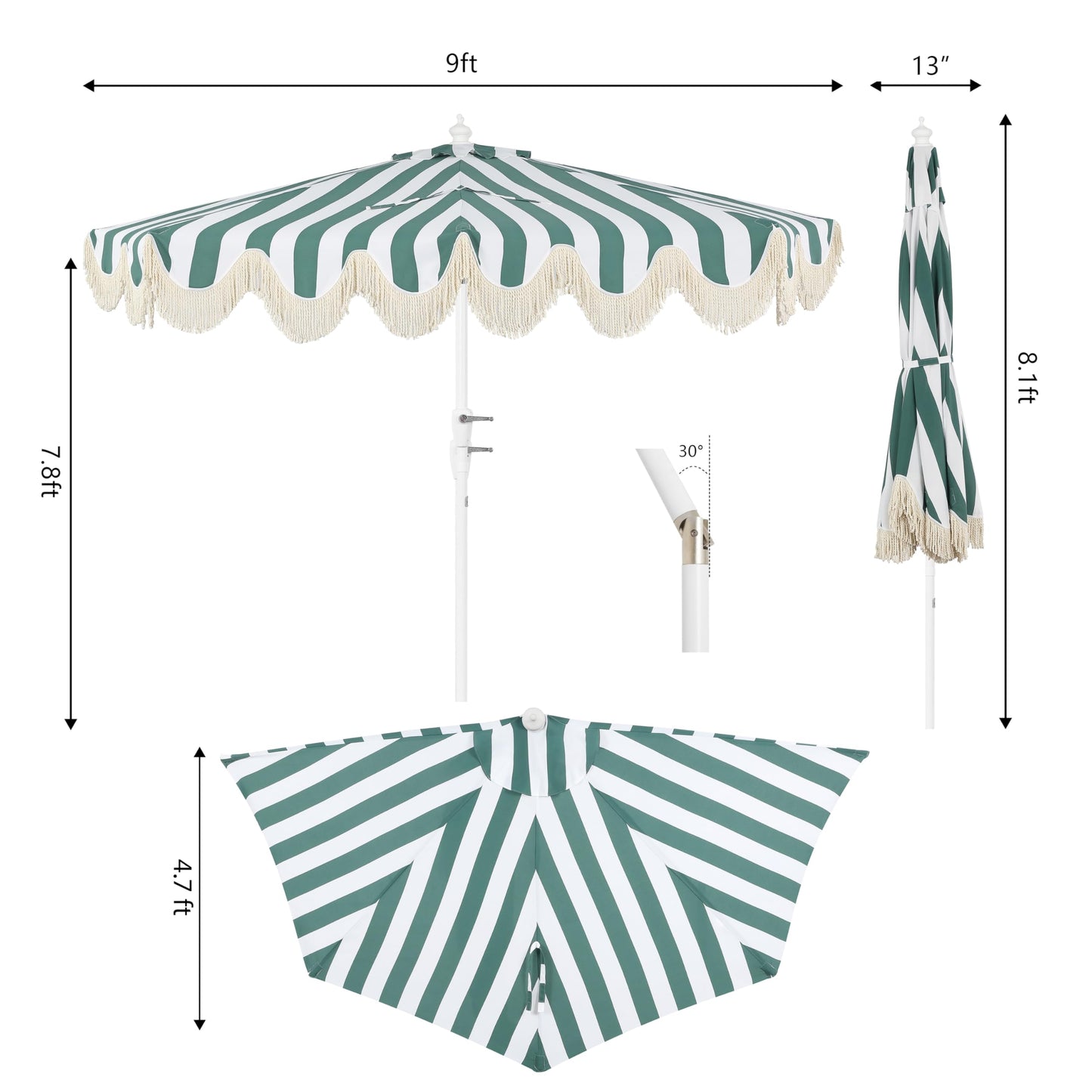 JONATHAN Y Half Umbrella UMB1201L Beverly 9 ft. Designer Classic Scalloped Fringe Market Patio with Crank, Tilt Button and UV Protection in Green/White, White Pole