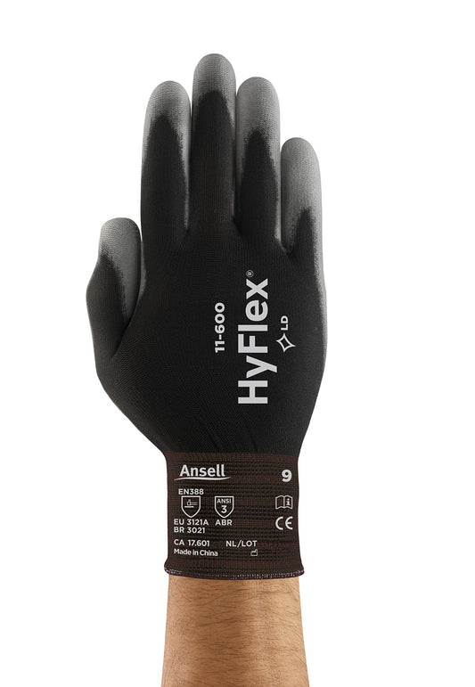 Ansell HYFLEX 11-600 Light Duty Nylon Industrial Gloves w/Palm Coating for Metal Fabrication, Automotive - XL (10), Black (1 Pair)