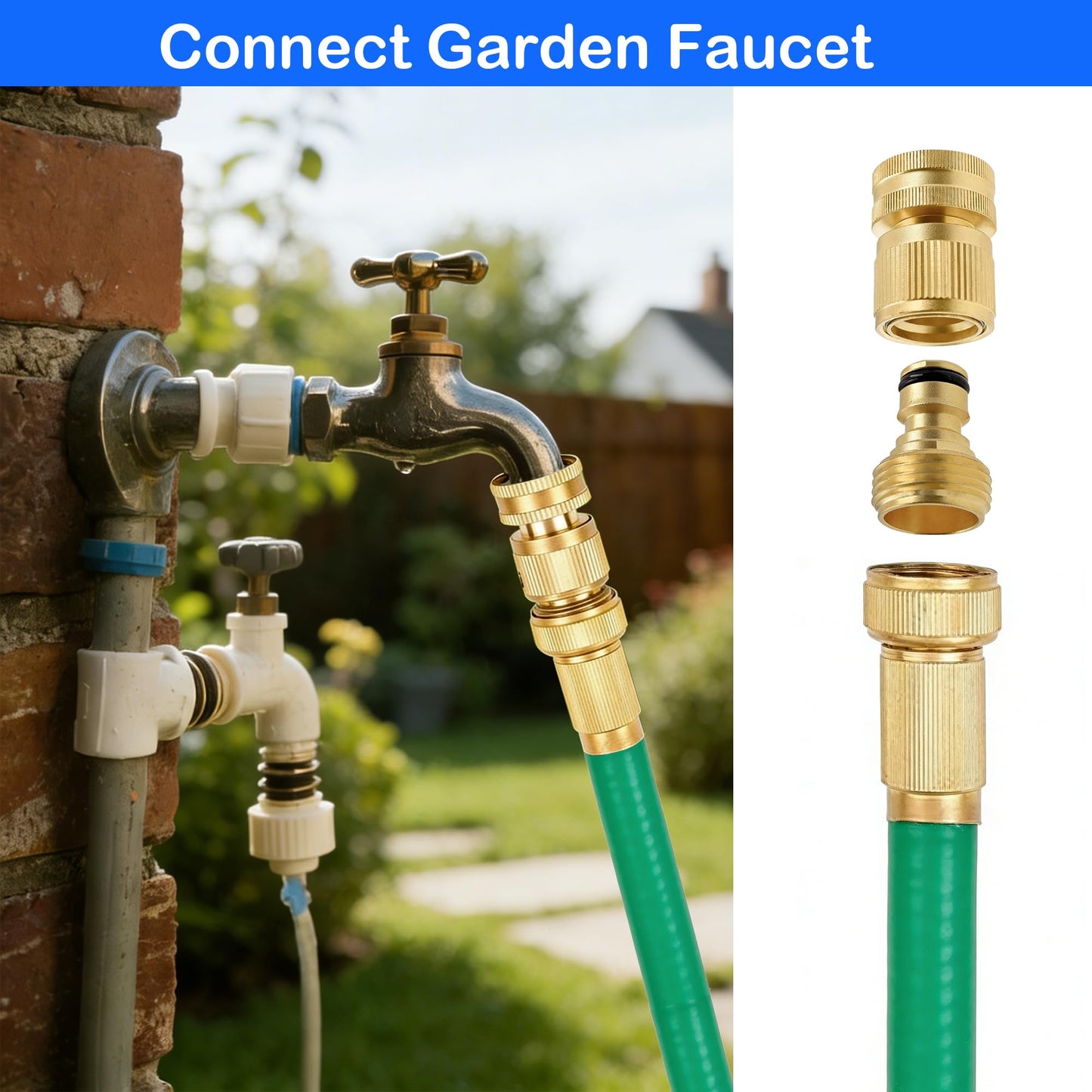 Hourleey Garden Hose Quick Connector, Solid Brass 3/4 Inch GHT Thread Garden Quick Connect Kit, Male and Female No-Leak Water Hose Fittings (4 Set)