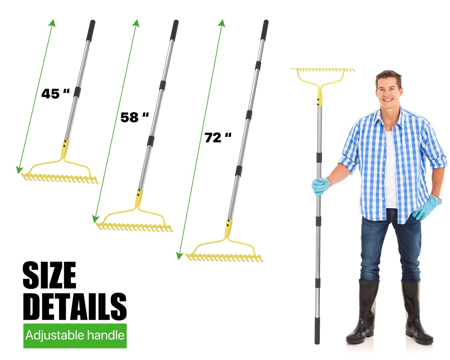 Garden Rakes for Lawns Heavy Duty, 6 FT Bow Rake for Leaves, 17-Tines Metal Rake with Stainless Steel Handle for Yard Leveling, Landscape, Loosening Soil, Yellow