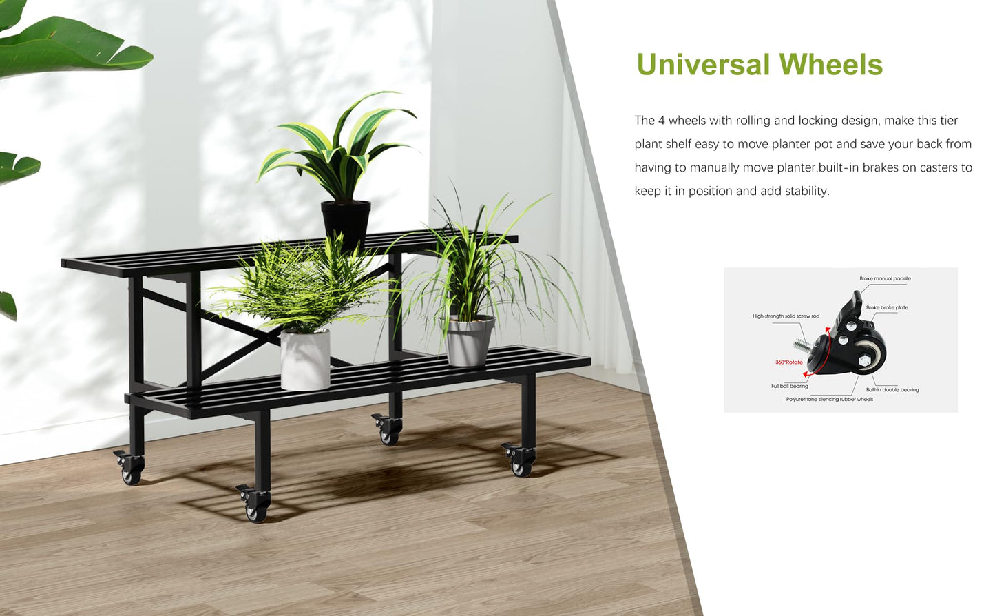Zhongma 2 Tier Sturdy Metal Plant Stand with Wheels, L35.43 x W17.5 x H16.14 inch, Heavy Duty Plant Holder for Home Indoor and Outdoor,440 LBS Capacity & Heavy Duty Construction