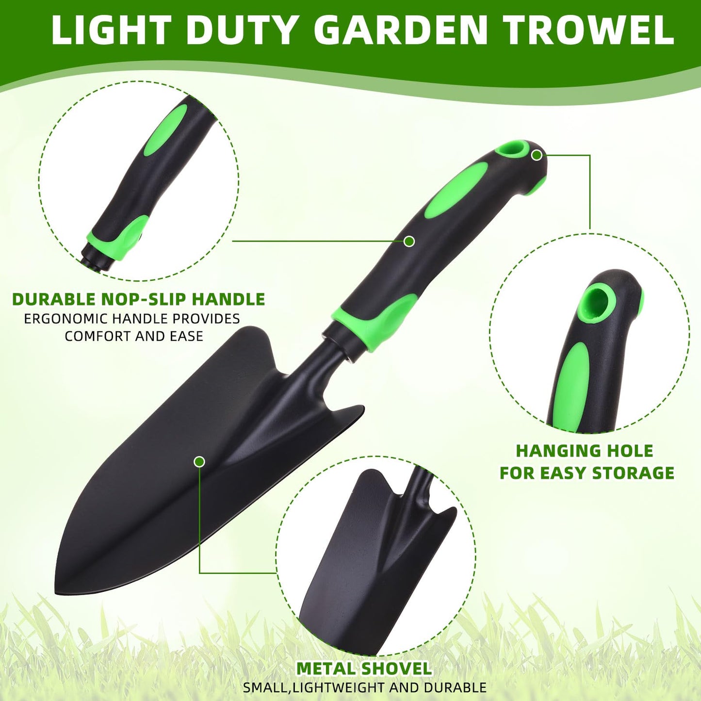 Yaocom 24 Pcs Garden Shovel Aluminum Alloy Heavy Duty Trowel Garden Tool Small Shovels for Digging Metal Hand Trowel Spade with Soft TPR Handle for Lawn Yard Farm Home Shop Planting (Green Black)