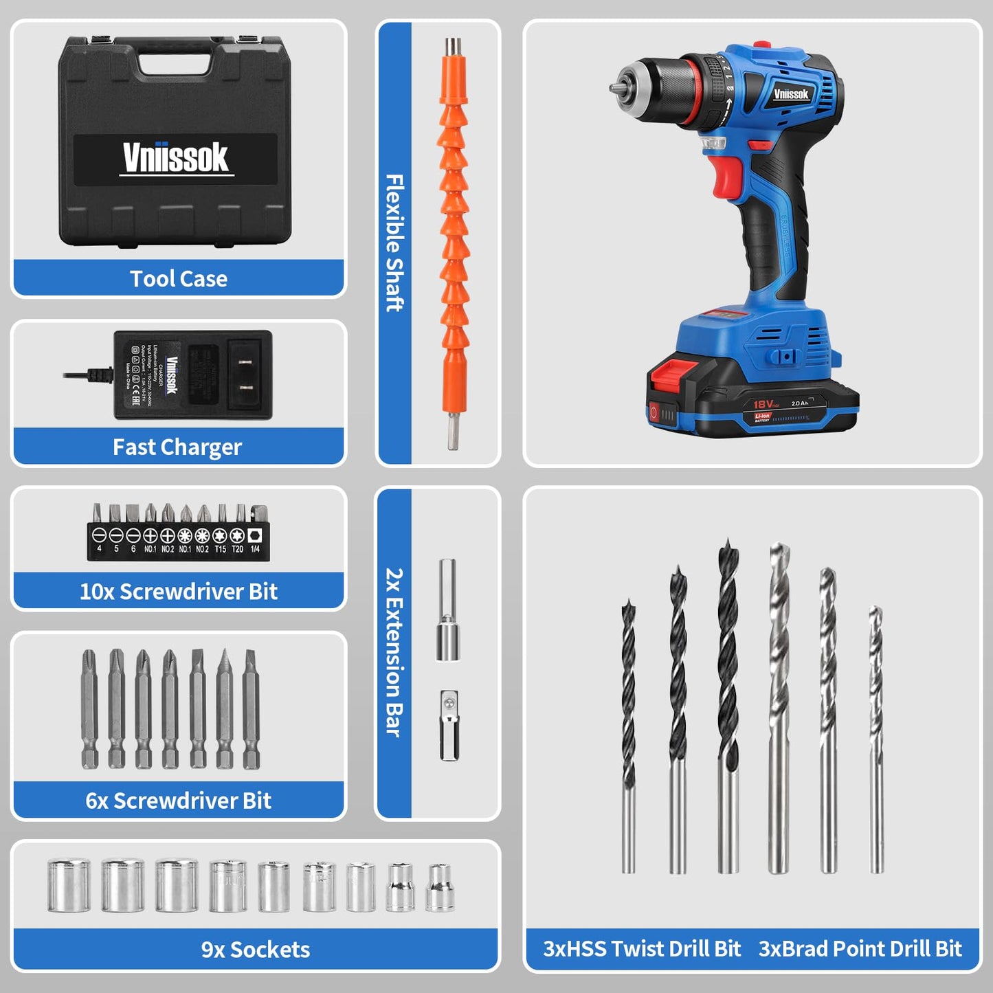 Vniissok Cordless Drill Set,18V Brushless Power impach driver with Battery and Charger, 3/8" Keyless Chuck, Variable Speed, Drill Driver Bits Kit for Drilling and Tightening/Loosening Screws