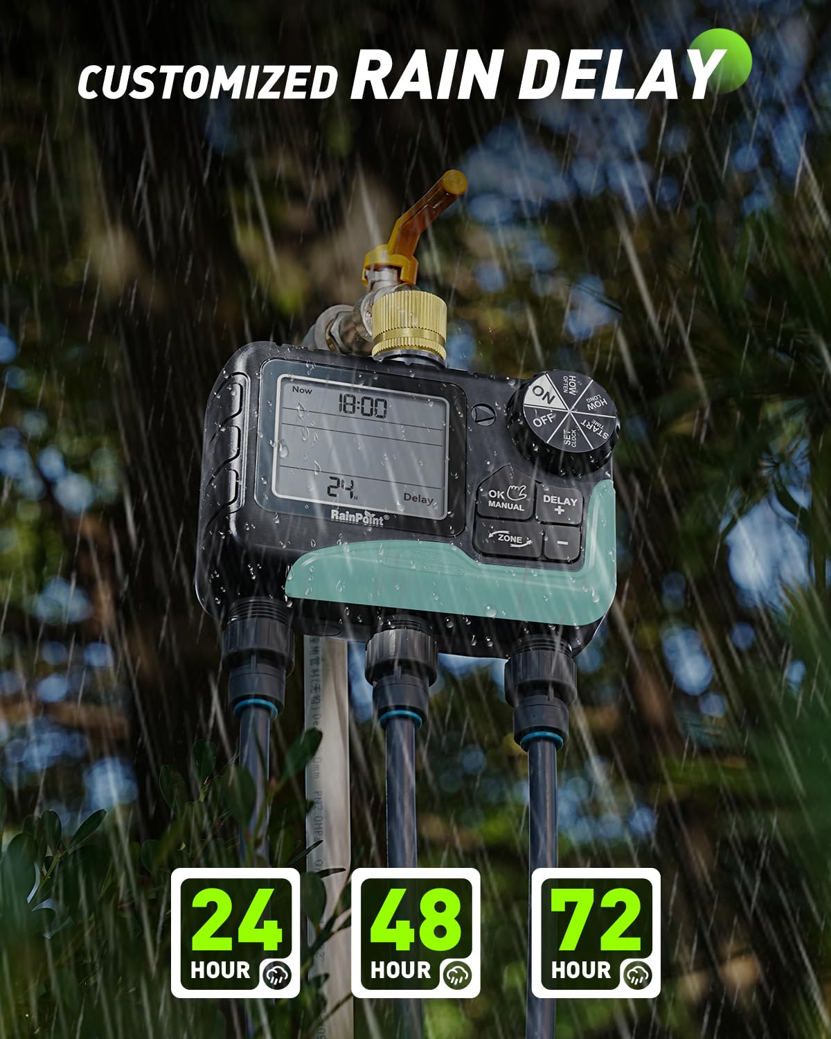 RAINPOINT 3 Zone Sprinkler Timer with Brass Inlet, Water Timer for Garden Hose,Rain Delay/Manual/Automatic Watering System, Hose,Hose Timers for Watering with IP65 Waterproof, Large LCD for Yard