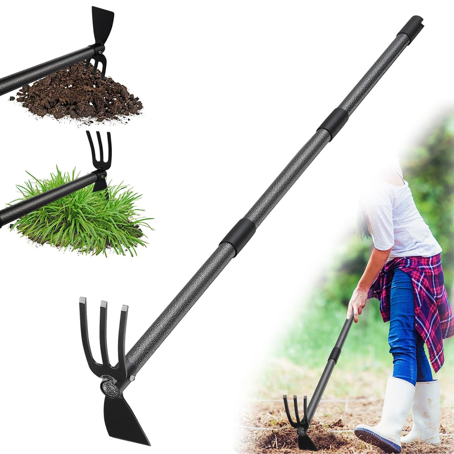 UIABOPZ Hoe Garden Tool, 45 Inch Garden Hoe Adjustable Long Handle, 2 in 1 Garden Hoe for Weeding, Stainless Steel Weeder Tool for Yard Long Handle, Gardening Hoe for Planting, Lossening, Digging