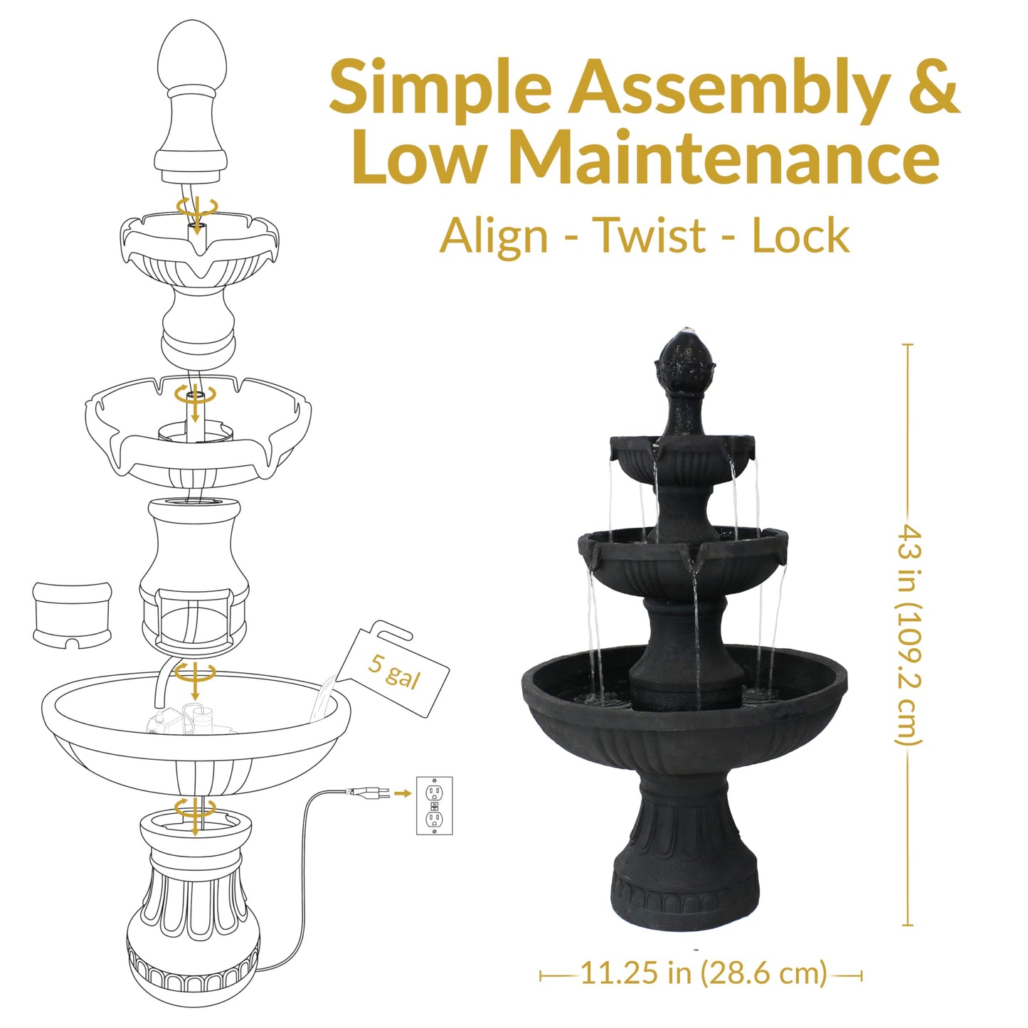 Sunnydaze Flower Blossom 43" Tiered Outdoor Water Fountain - 3-Tiered Outdoor Fountain for Garden, Patio, or Backyard - Black Finish