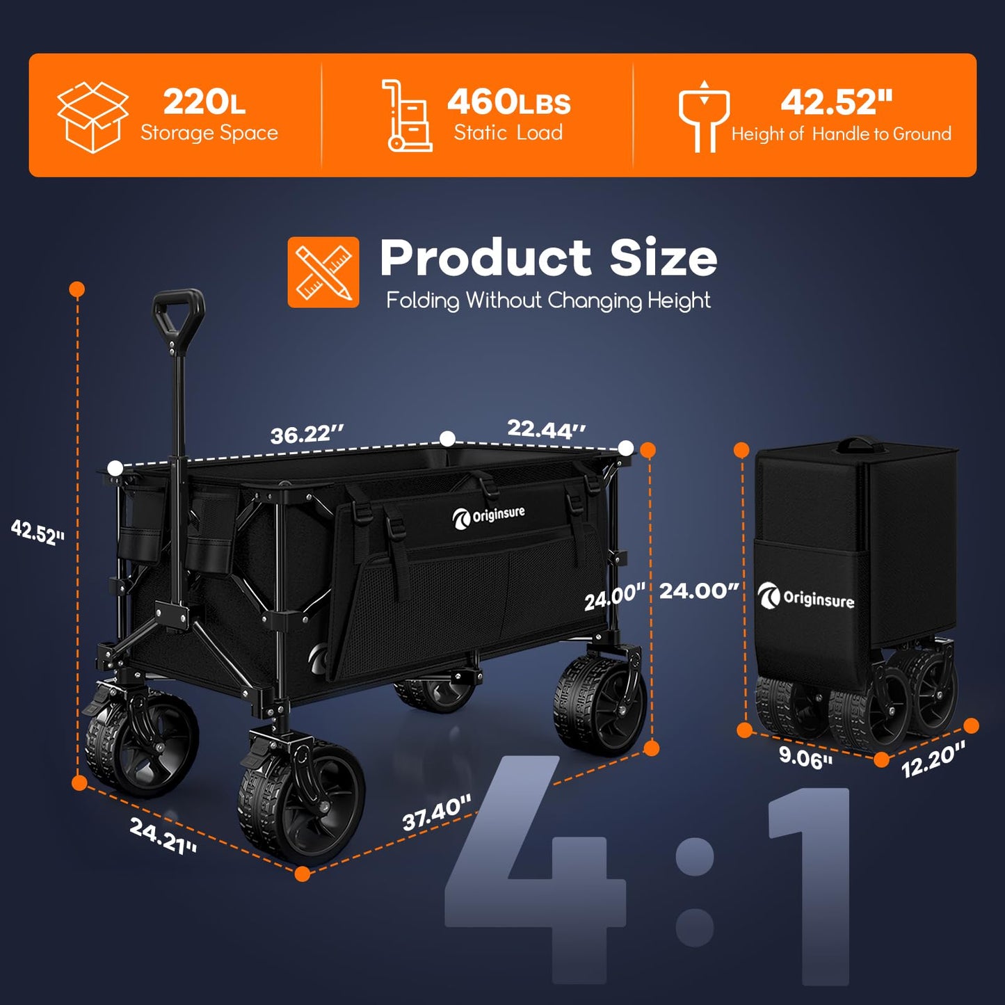 Originsure 38"L Collapsible Wagon Cart Foldable, 460lbs Weight Capacity 220L Heavy Duty Folding Beach Wagons with Big All-Terrain Wheels, Utility Carts for Groceries, Shopping, Camping, Sports - Black