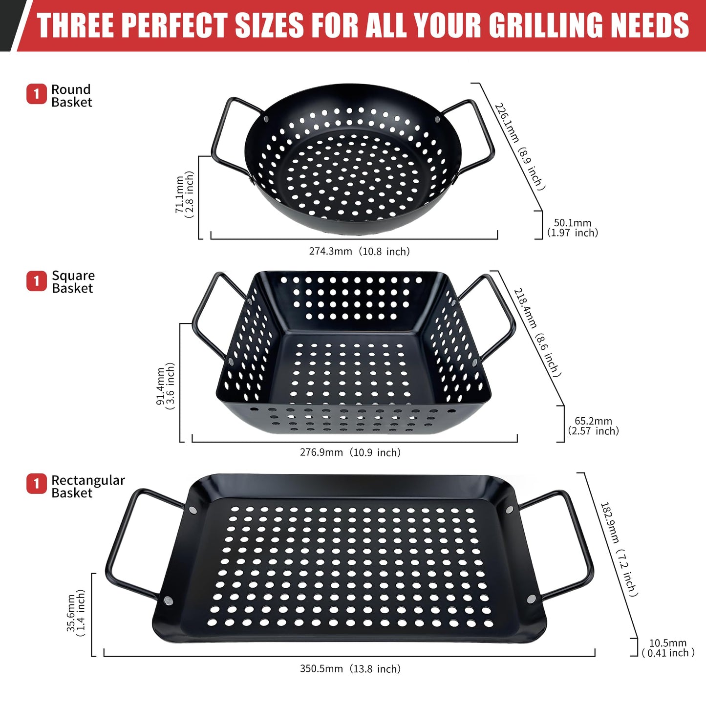 Qetumst Small Non-Stick 3 Piece Grill Basket Set – BBQ Grilling Basket for Vegetables, Seafood & Meat – Heavy Duty Perforated Grill Pan for Charcoal, Gas and Outdoor Grills, Easy to Clean Grilling Accessories
