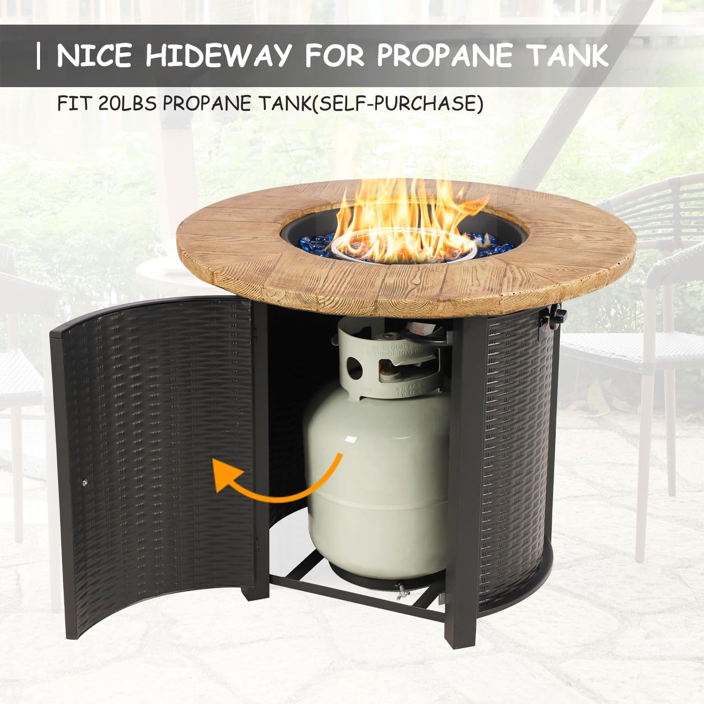 lovamsal 30 Inch Round Propane Fire Pit,50,000 BTU Iron Gas Firepit with Ignition Systems,w/Lid,Glass Stones,Outdoor Fire Table for Outside Patio,Deck-Black