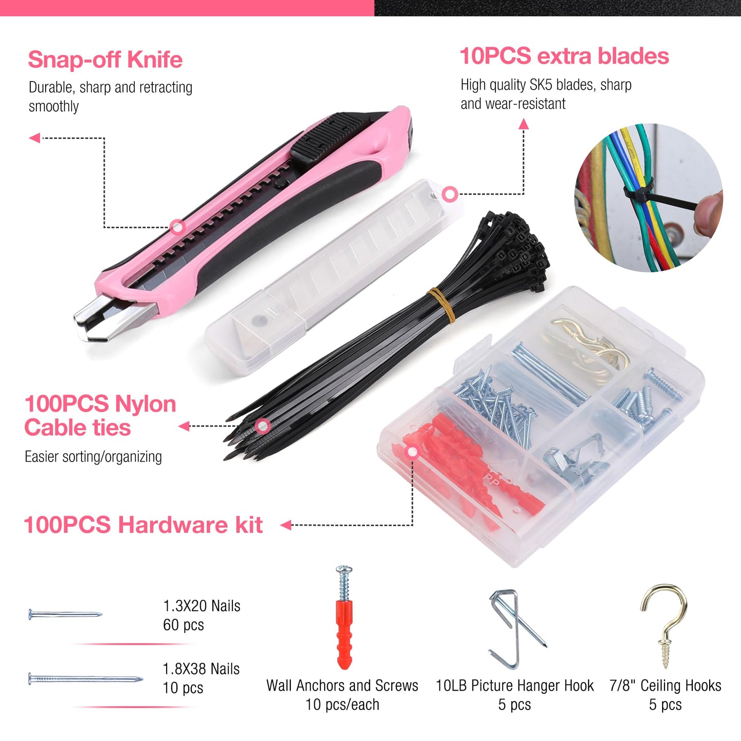 WORKPRO Pink Tool Set, 277 PCS Home Repairing Tool Kit, Pink Tool Bag with 13-Inch Wide Mouth Open Storage Bag, Portable Home Tool Kit Including Hammer, Screwdriver, and Household Tools - Pink Ribbon