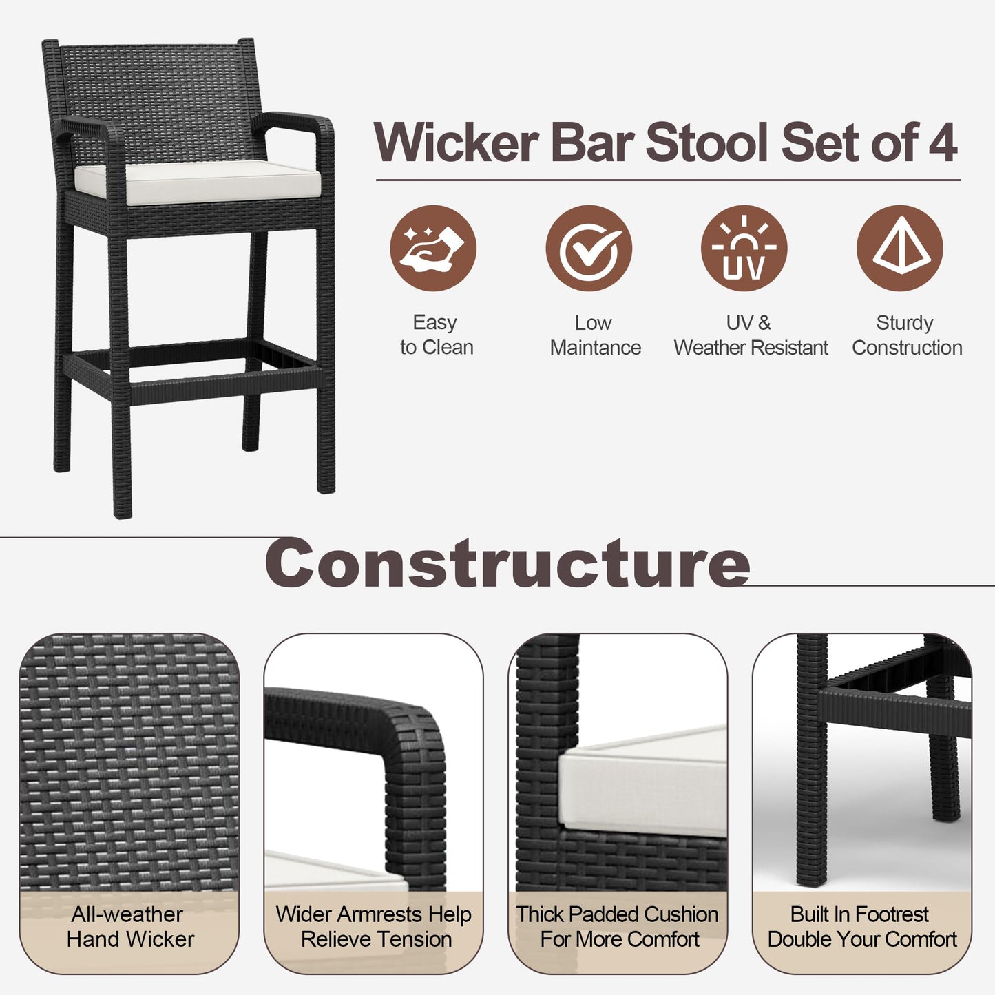 Patio Wicker Bar Stools Set of 4, 30'' Outdoor Counter Height Barstools with Thickened Cushions, All-Weather Wicker Rattan Bar Chairs with Backrest & Footrest for Backyard, Pool, Balcony, Beige