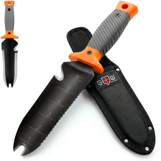 Hori Hori Garden Knife 7" with Sheath – Heavy Duty Stainless Steel Multi-Purpose Tool for Weeding, Digging & Planting, Serrated & Straight Full-Tang Blade with Weeding Fork, Safety Non-Slip Handle