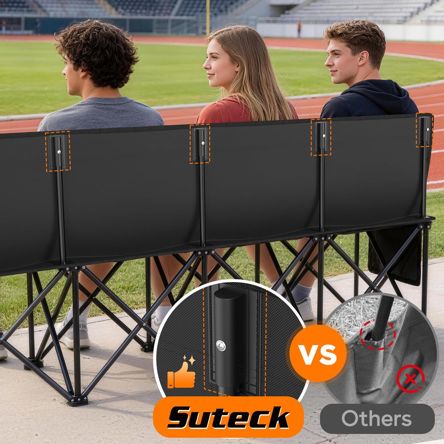 Suteck 8-Seat Folding Bench Seat–Portable Team Bench Soccer with 17.3"x 17.3" Individual Seats, 600D Oxford Fabric & Side Pockets, Heavy Duty Outdoor Bench for Sports, Camping, Patio & Park Events