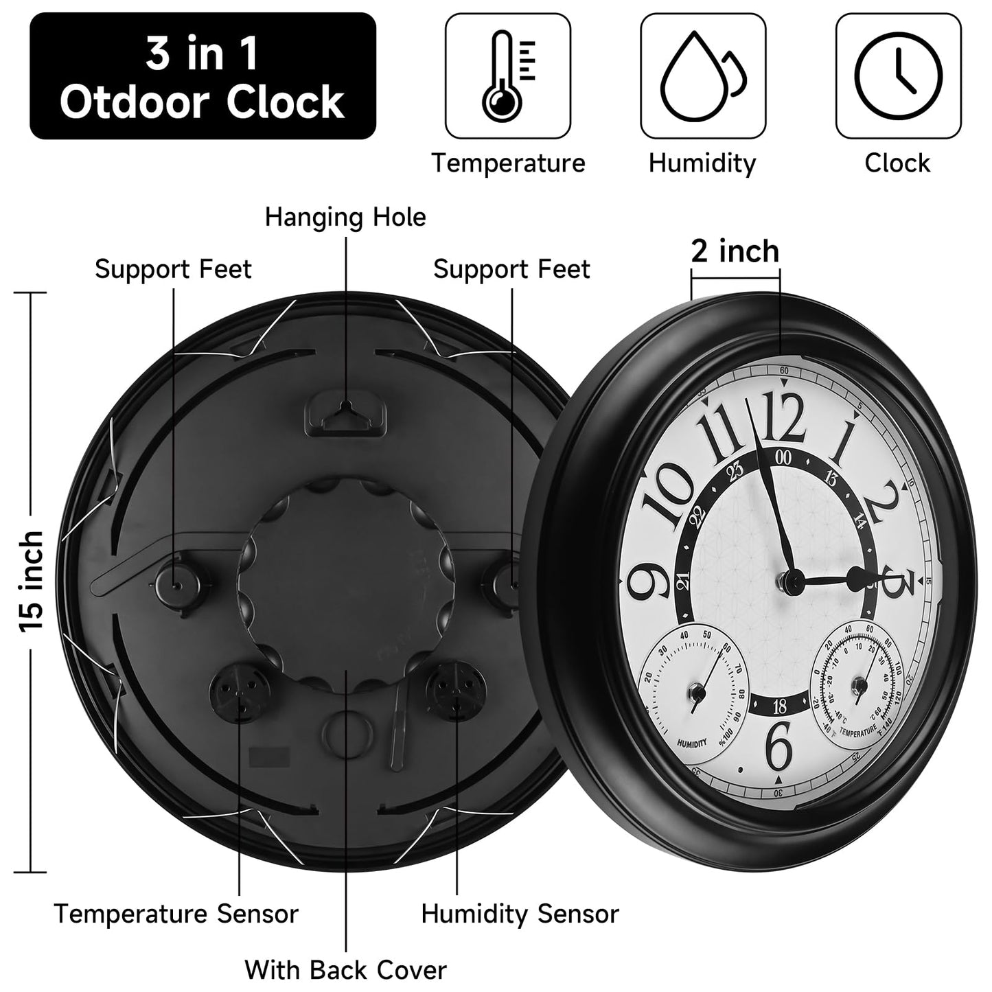 Dyreps 15Inch Outdoor Clock with Thermometer & Hygrometer - Waterproof Illuminated Large Outdoor Clocks Waterproof, Weather-Resistant Battery Operated Metal Wall Clock for Indoor and Outdoors
