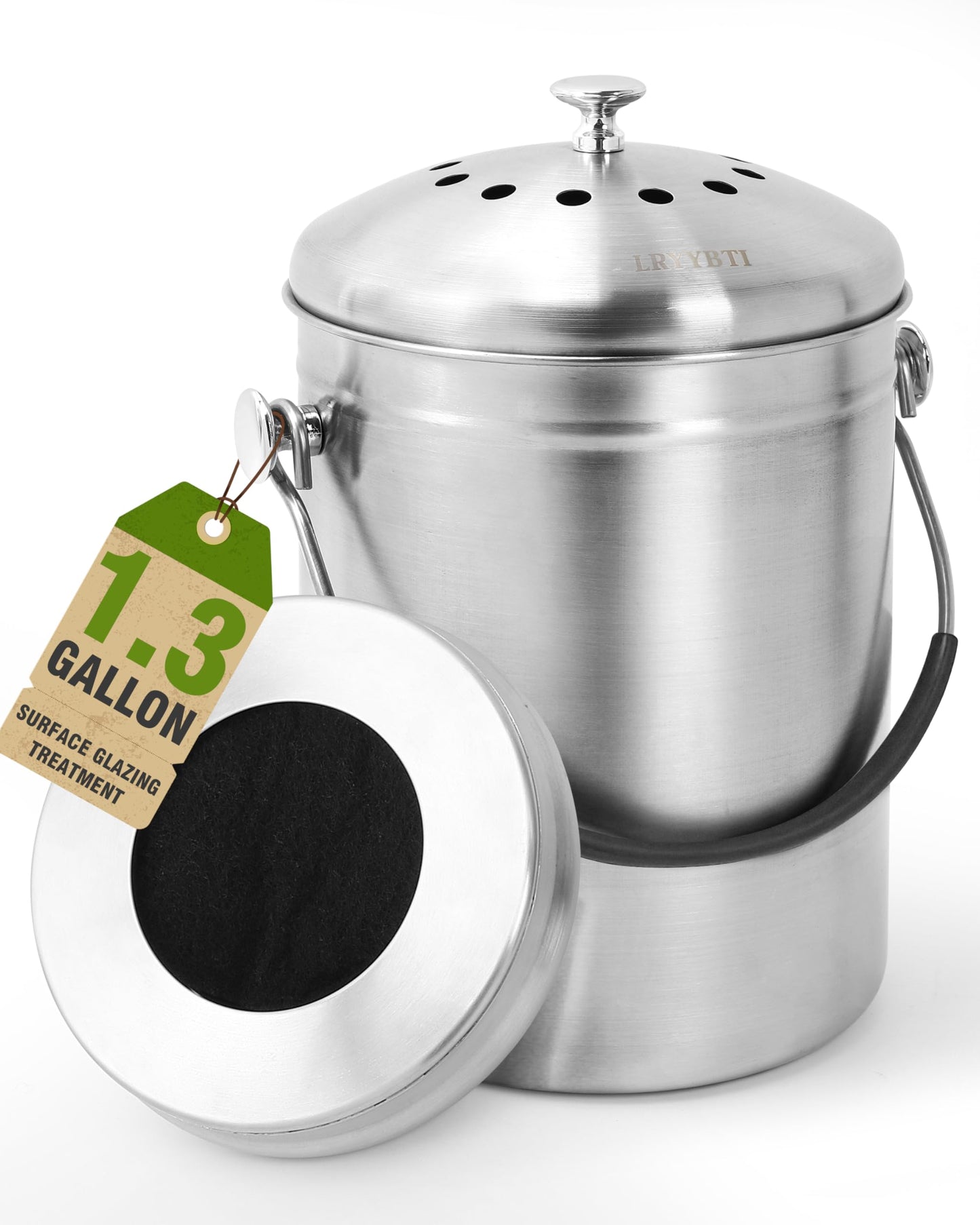 LRYYBTI Countertop Compost Bin Kitchen with Lid and 2 Charcoal Filter for Odorless Composting | Stainless Steel Kitchen Composter with Soft-Grip Handle (Silver, 1.3 Gallon)