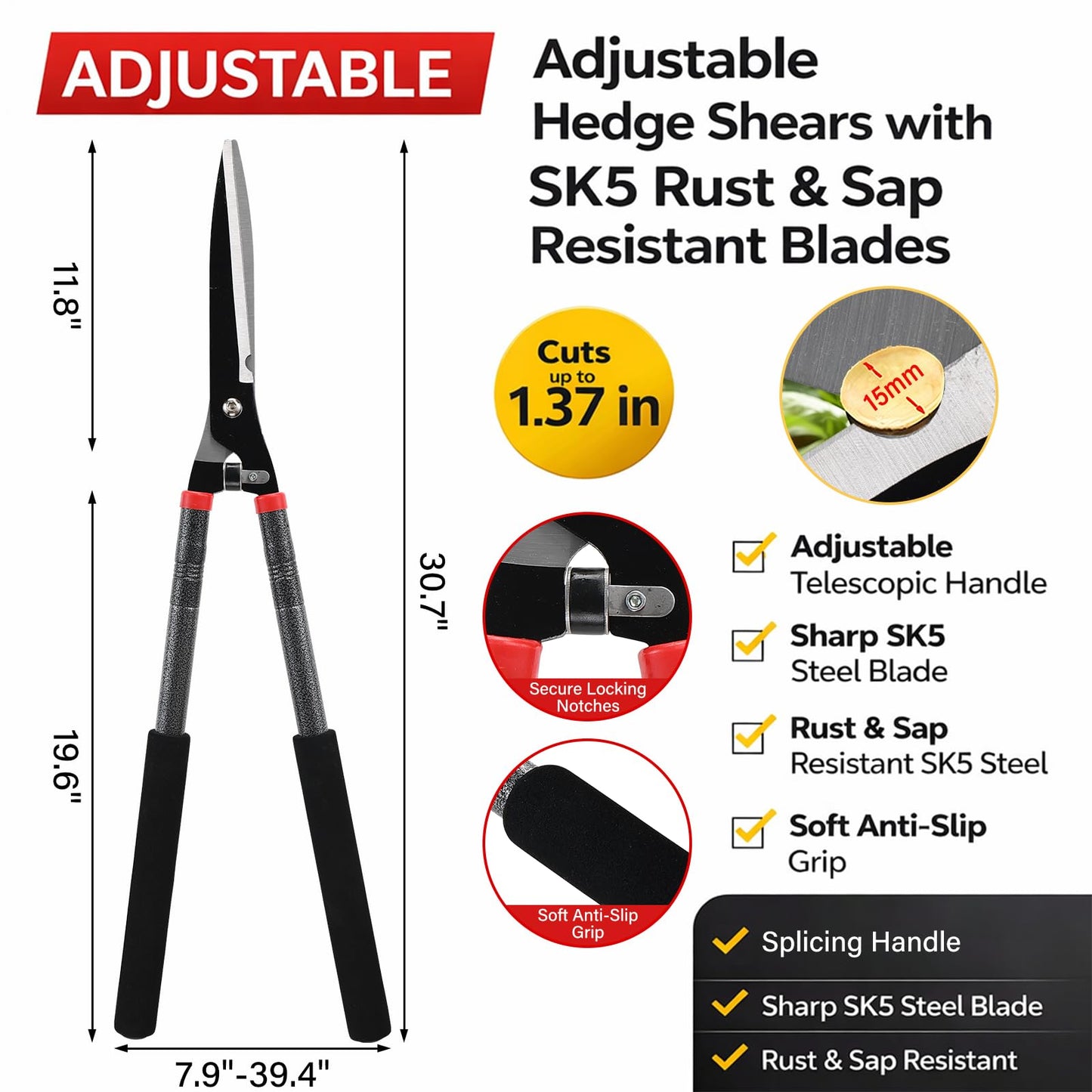 31 inch Hedge Shears Clippers - Self-Sharpening High Carbon Steel Blades, 15" Wide-Cut for Faster Trimming, Long Reach & Ergonomic Grip for Effortless Cutting Trimming of Hedges, Shrubs, Bushes