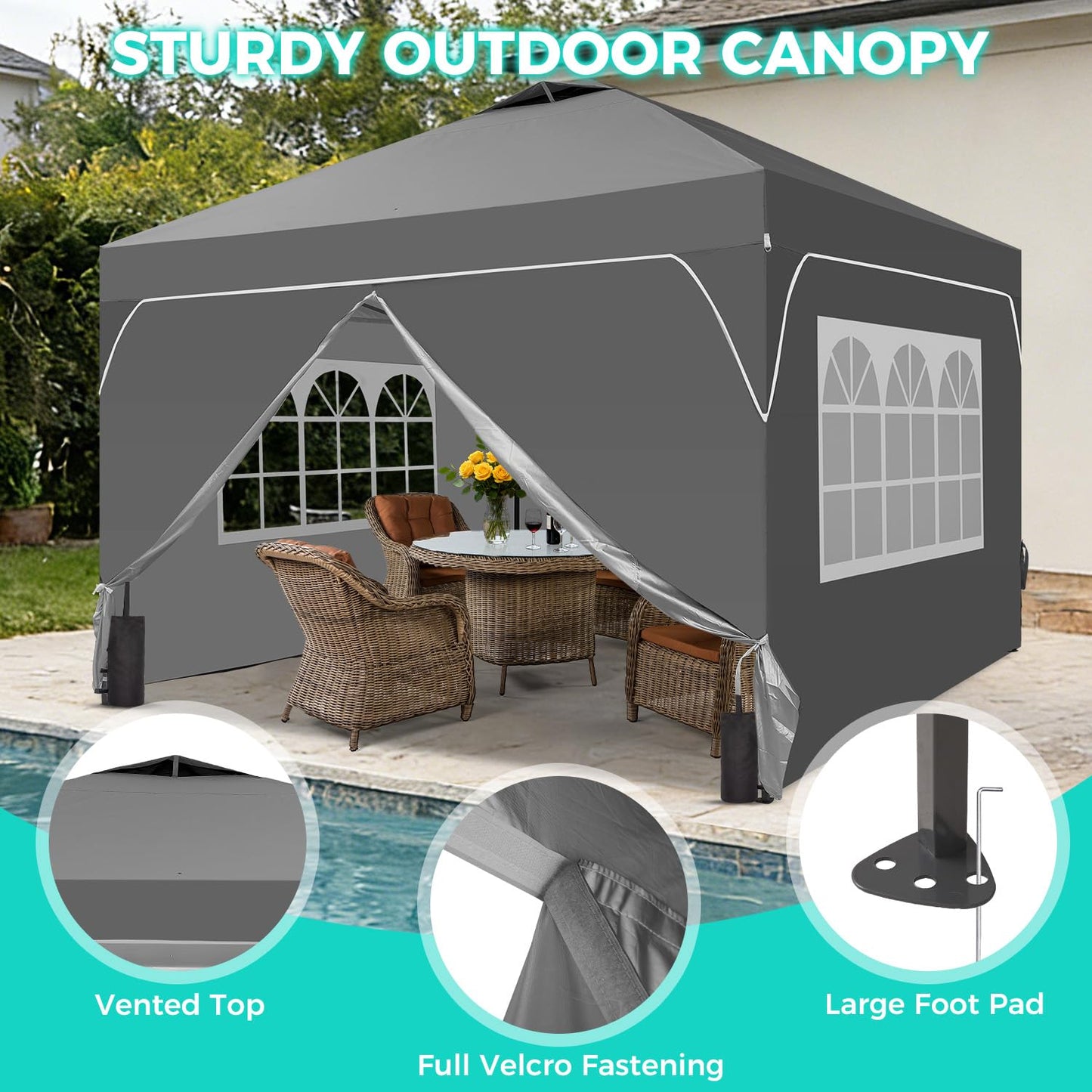 Oneofics 8x8 FT Pop Up Canopy with 1-Button Push, 4 Removable Sidewalls, Sandbags, Instant Canopy Tent for Outdoor Events