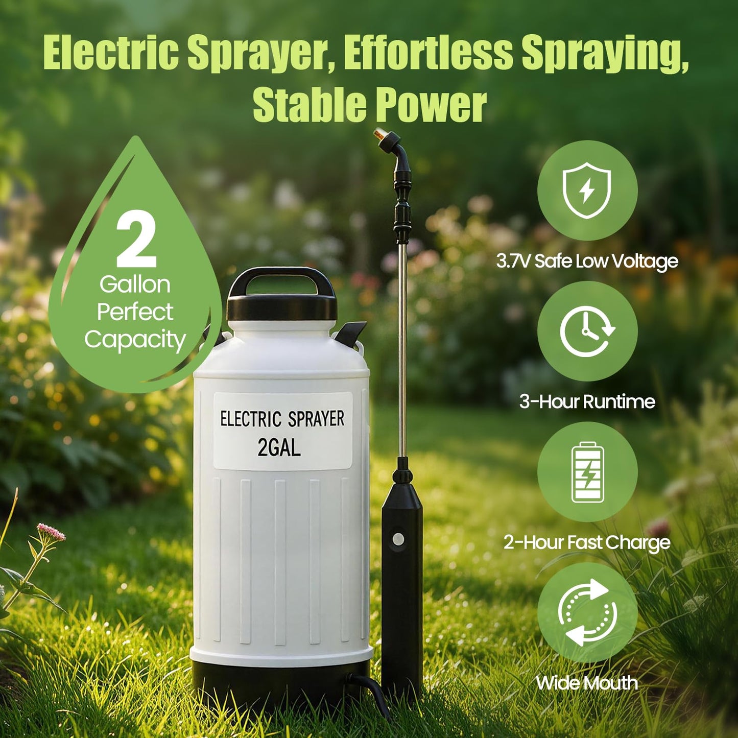 BUDSTR Electric Battery Powered Sprayer 2 Gallon, USB Rechargeable 3.7V, Leak-Proof Retractable Wand, 3 Nozzles, 3-Hour Runtime and Adjustable Shoulder Strap for Lawn, Garden and Plant Care