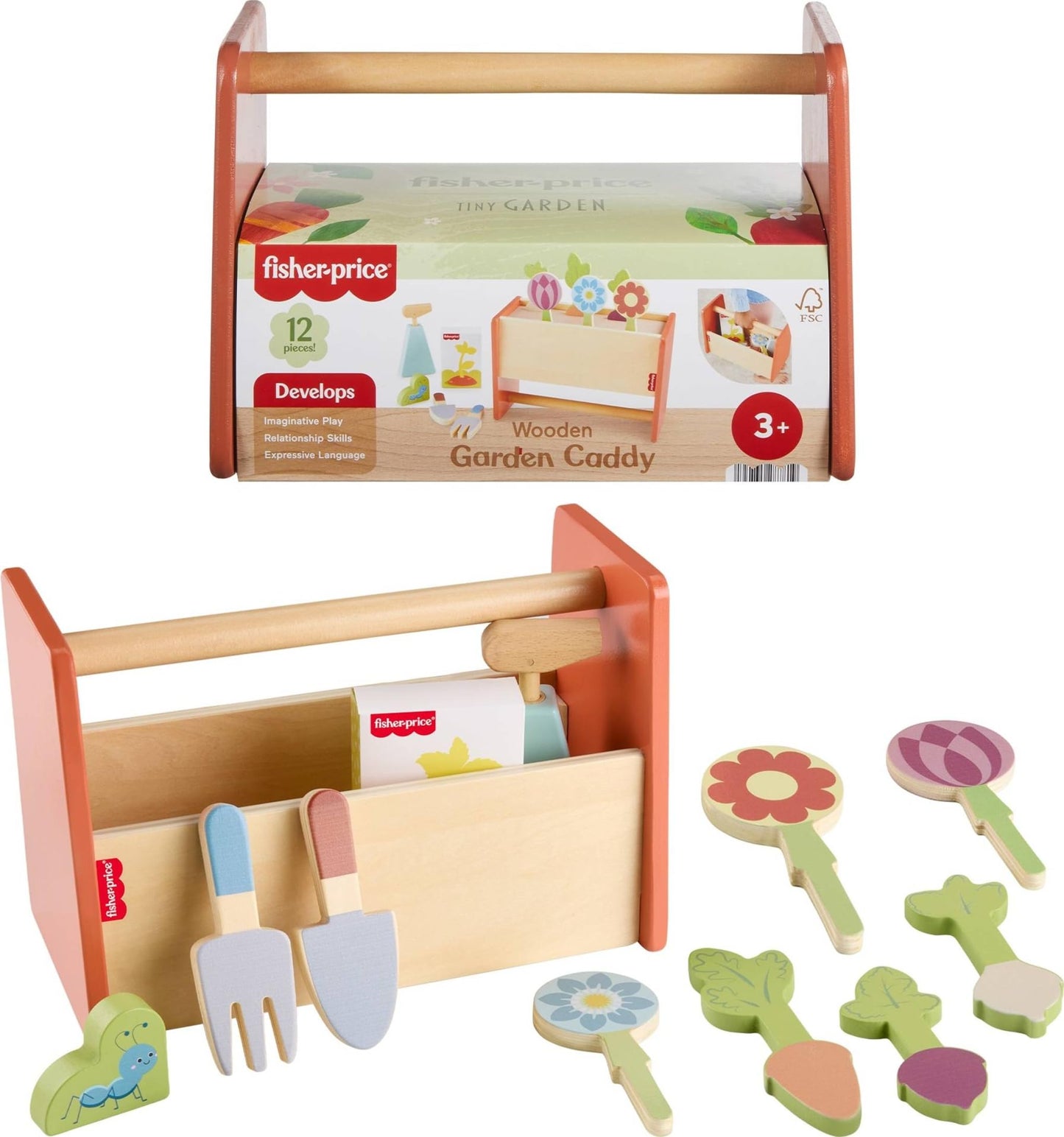 Fisher-Price Wood Pretend Play Toy Tiny Garden Caddy, 12-Piece Set with Wooden Tools & Plants for Preschool Kids Ages 3+ Years