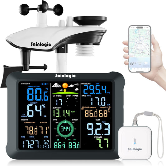 Sainlogic SA9 Plus Smart WiFi Weather Stations Wireless Sensor 24/7 Weather Forecast by Weatherseed® AI, Wind Speed, Rain Gauge, UV, Alerts & 2-Year Data Export