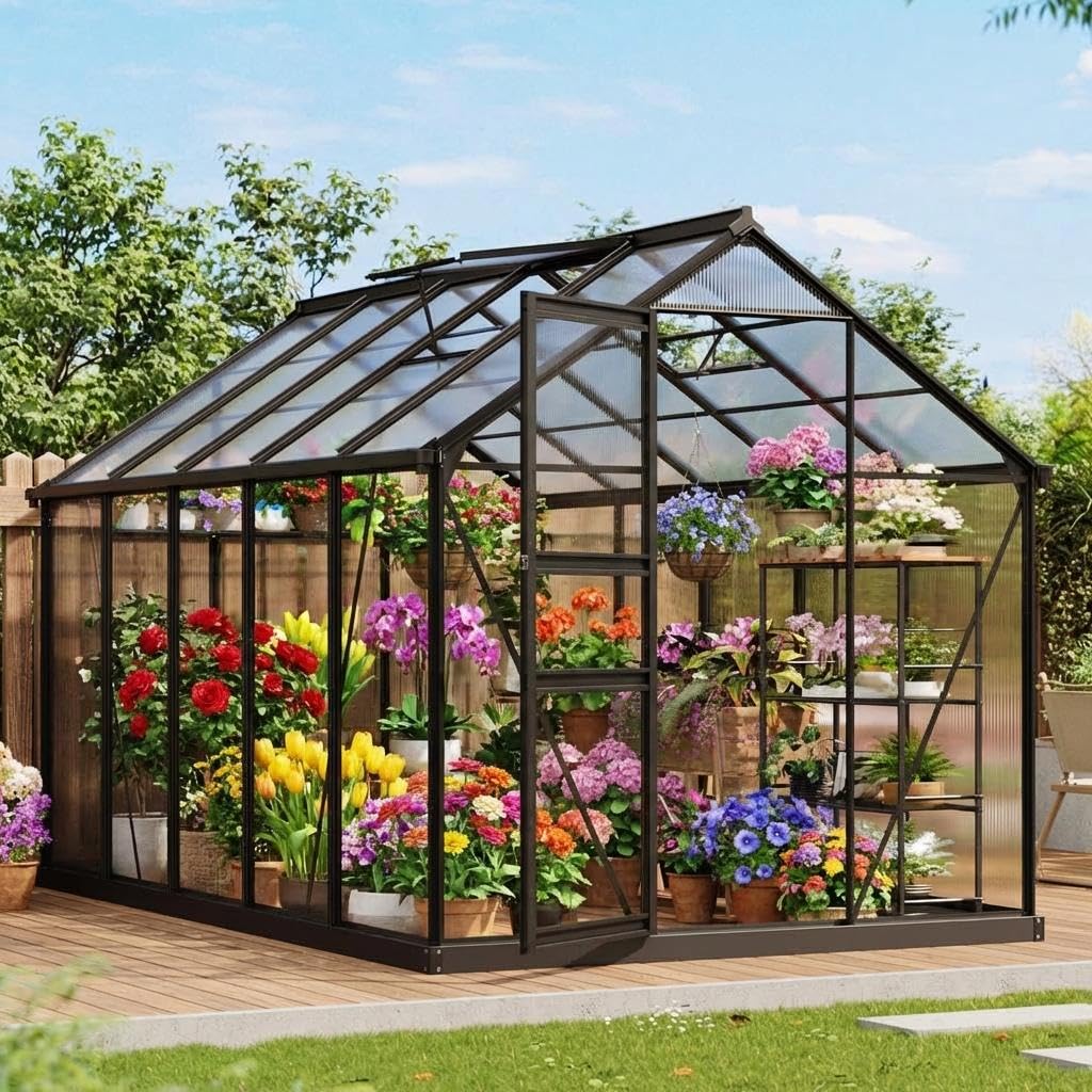 Garvee Greenhouse, 6×10FT Greenhouses for Outside, Walk-in Green House with Ground Nails and Vent Windows, Sliding Lockable Door, Polycarbonate Green House for Outside Garden Backyard, Quick Setup