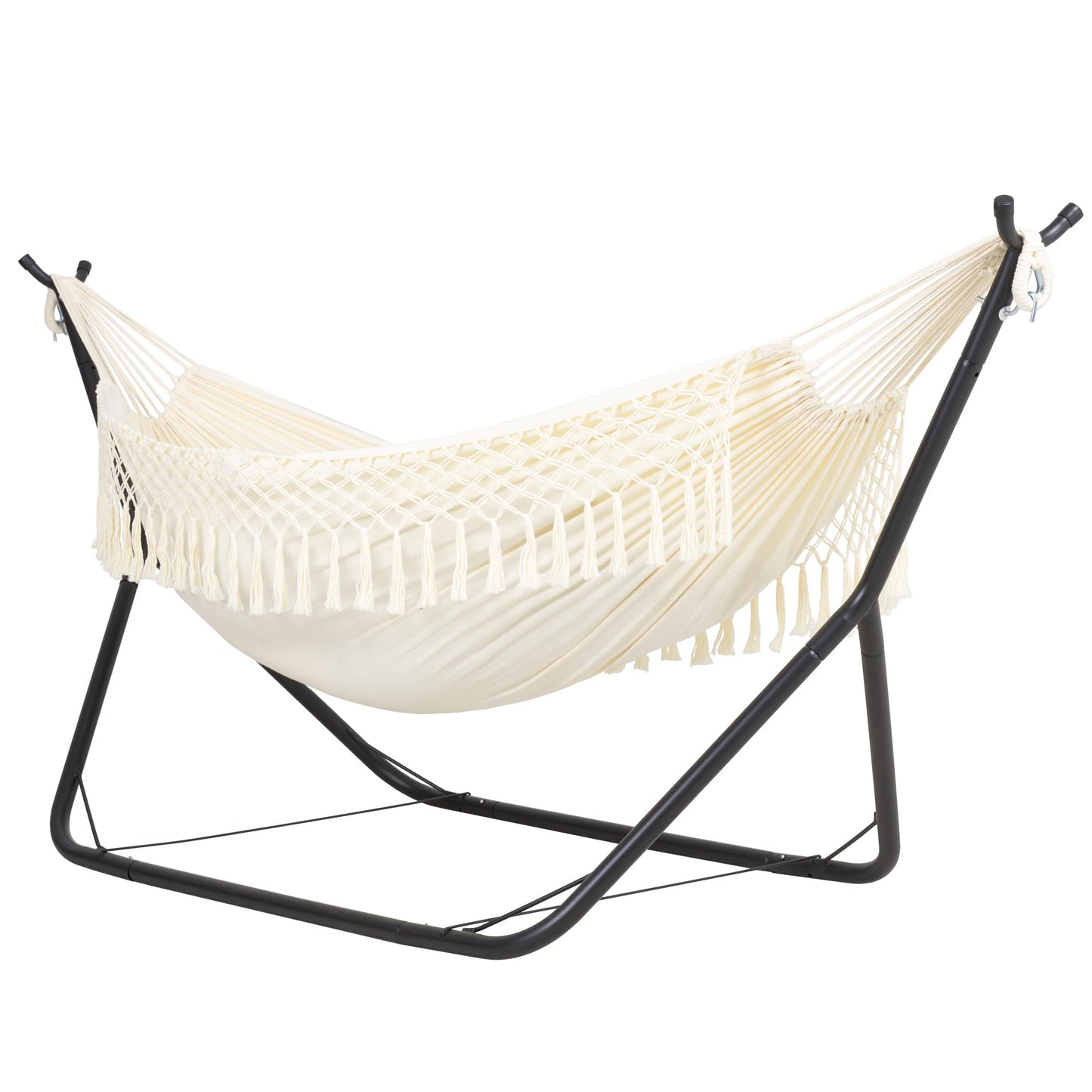 ANOW Outdoor Hammock with Stand Included, Space Saving Heavy-Duty Hammock Stand with Adjustable Height, 475 Lbs Capacity, Cream with Tassels