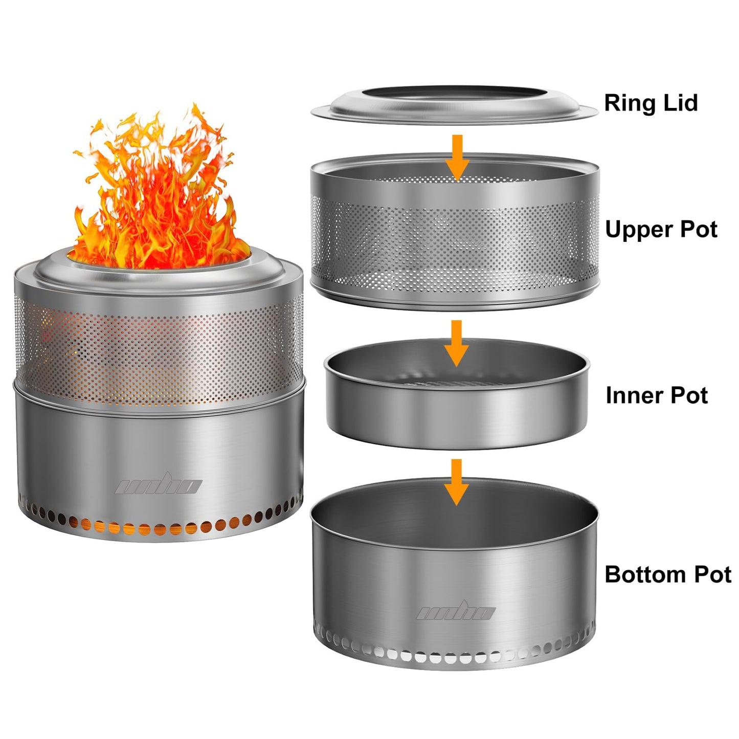 unho 20 Inch smokeless firepit for Outside Wood Burning Stove, Stainless Steel Outdoor Portable Fire Pit for Backyard, Patio, Garden, Picnic