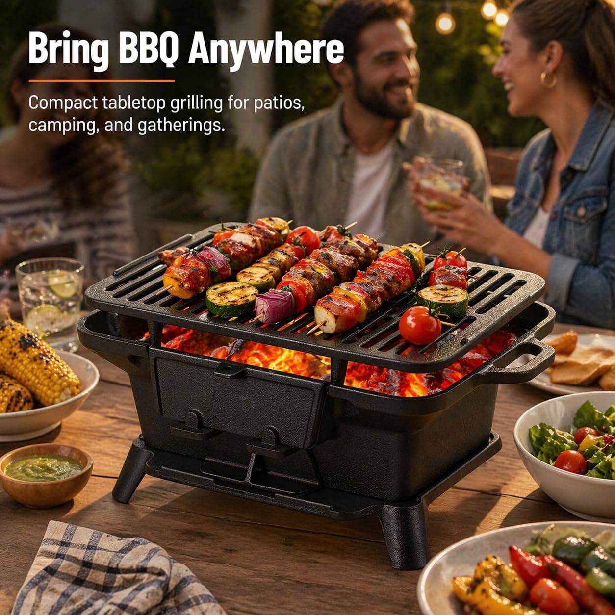 Hibachi Grill Outdoor, Portable Mini Charcoal Grill, Pre-Seasoned Cast Iron, Small Japanese Yakitori Tabletop Skillet Grill Stove for Outdoor Camping