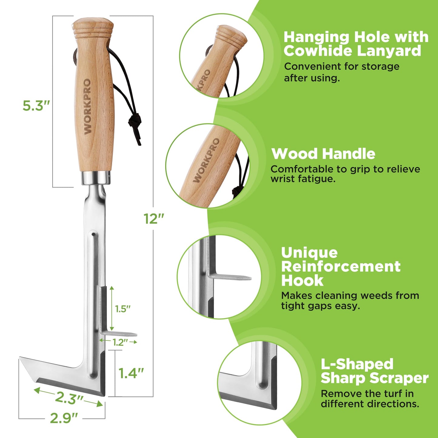 WORKPRO Crack Weeder, 12" Stainless Steel Crevice Weeding Tool with Beech Wood Handle, L-Shaped Side-Walk Weed Puller Spatula, for Garden Lawn Yard Patio Terrace Paving Moss, Small Gardening Tool