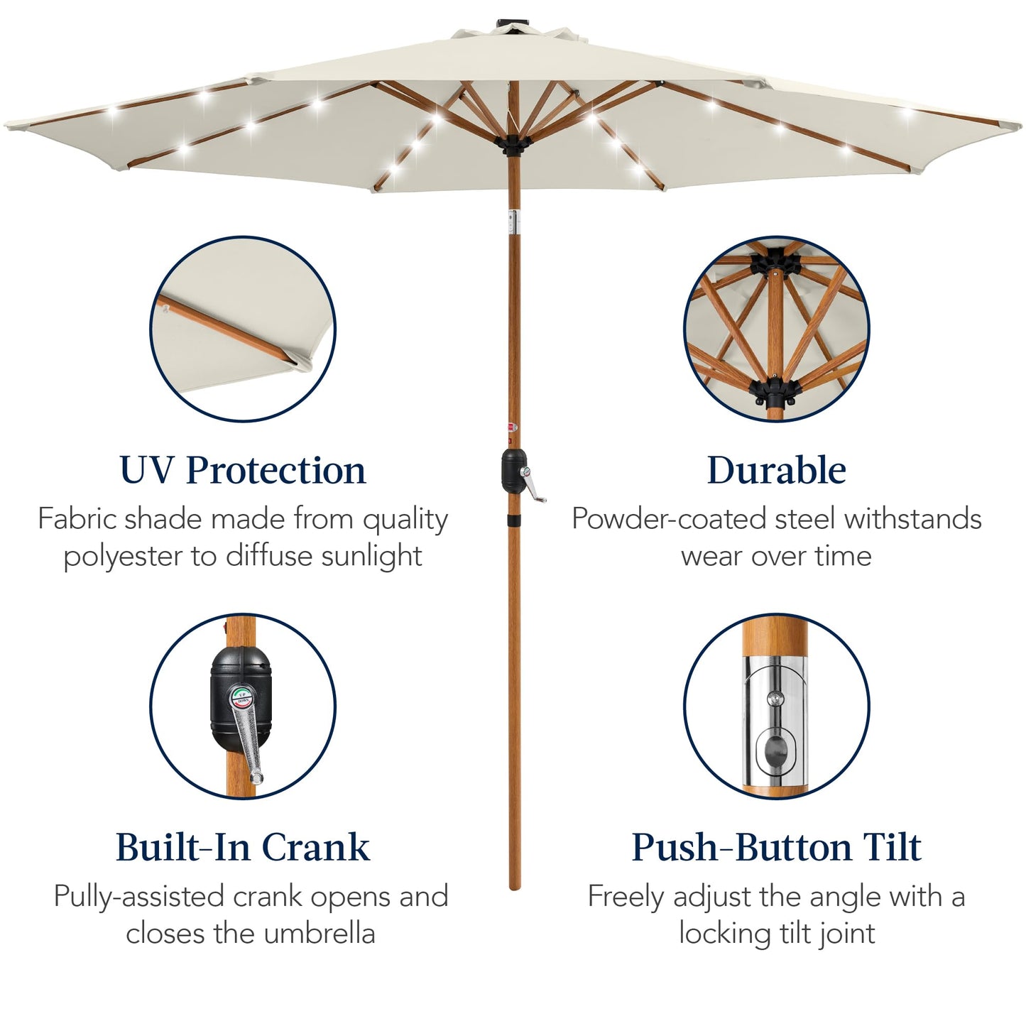 Best Choice Products 10ft Solar Market Patio Umbrella w/Woodgrain Pattern Pole, LED Lights, Tilt & Crank - Outdoor Sun Shade for Backyard Table, Deck, Poolside - Ivory