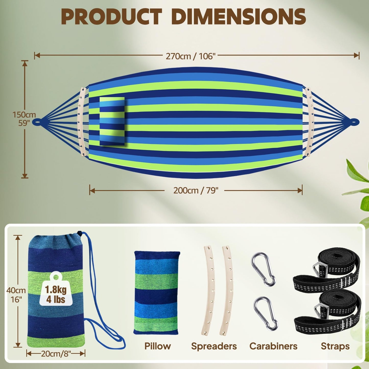 Chihee Cotton Hammock Holds Up to 660lbs Fabric Hammock 8.9x4.9ft Soft Portable Tree Hammocks Camping with Detachable Spreader Bar Pillow 2 Strong Webbings 2 Carabiners Indoor Outdoor Backyard Garden