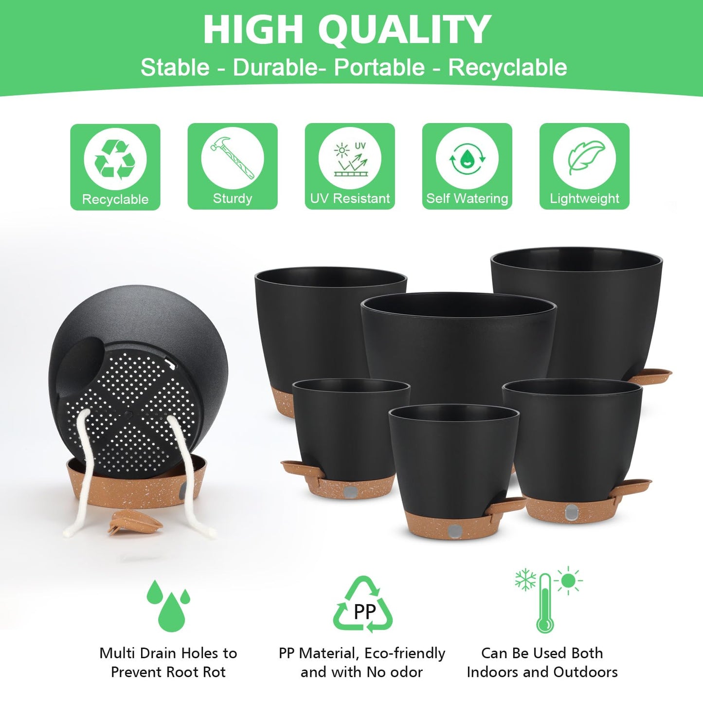 Self Watering Planter Set with Visual Water Level, 6Pack Small Plastic Pot with Drainage Holes and Reservoir Saucers, Modern 8+7+6.5+6+5.5+5 Inch Bottom Watering Flower Pots for Indoor Plant - Black