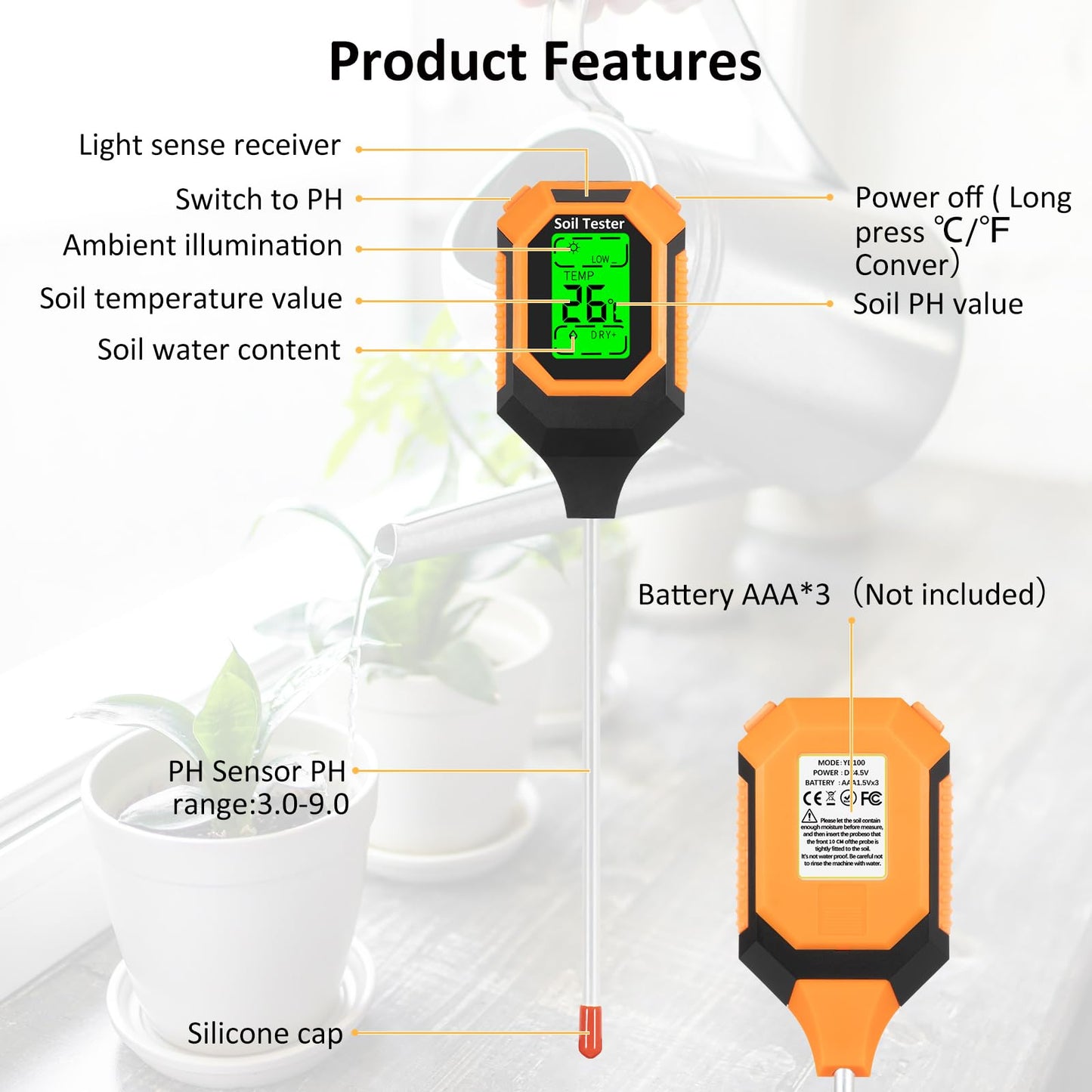 4-in-1 Soil Moisture Meter Digital PH Meter/Soil Moisture/Plant Temperature/Sunlight Intensity, Backlight LCD Display, Soil Test Meter for Garden, Lawn, Plant Care, Farm and Indoor Outdoor Plants