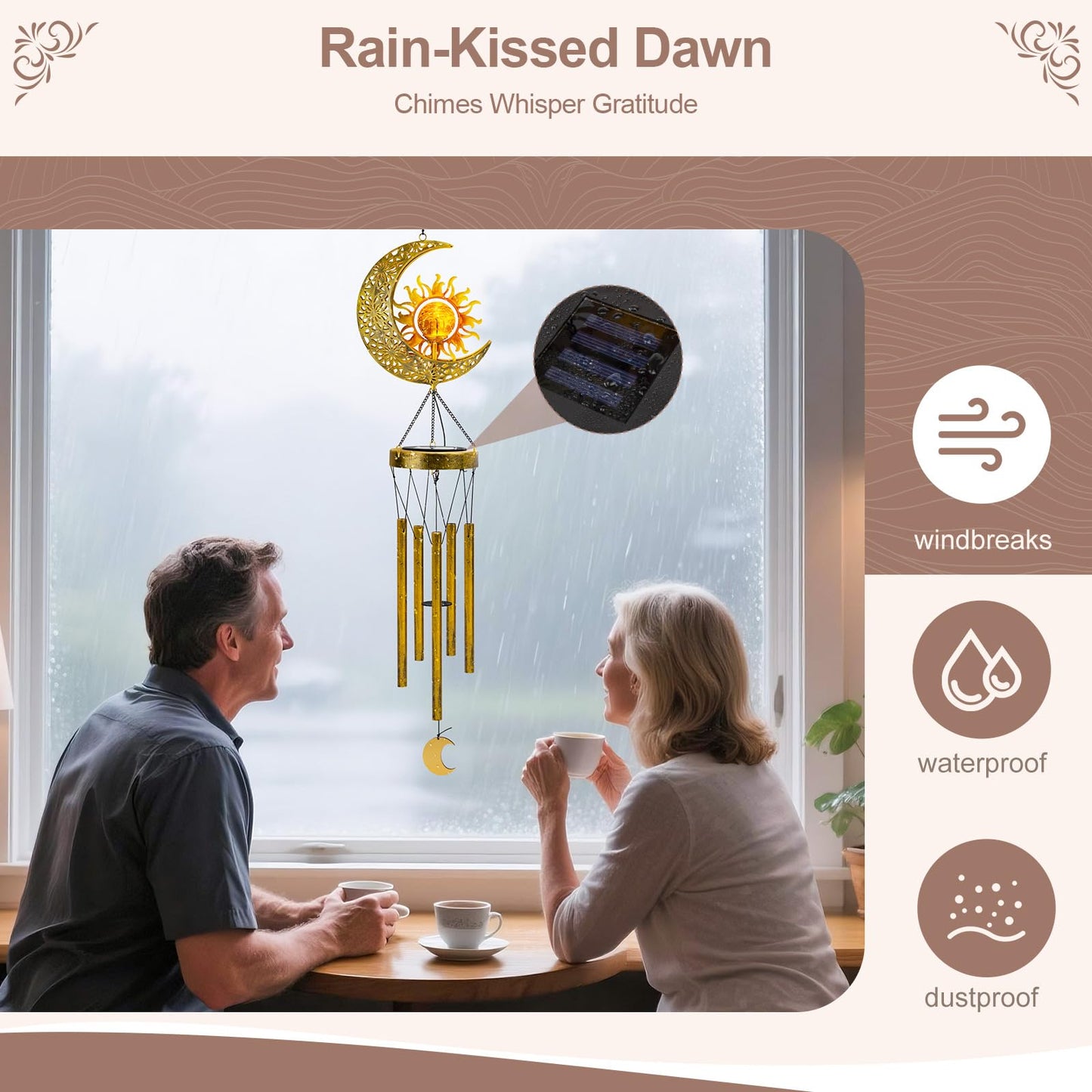 JYPS Sun Moon Solar Wind Chimes, 47-Inch Large Waterproof Windchimes for Outside with Glowing Crackle Glass Ball, Garden Patio Yard Decor Christmas Day Birthday Unique Gifts for Women Mom Grandma Wife