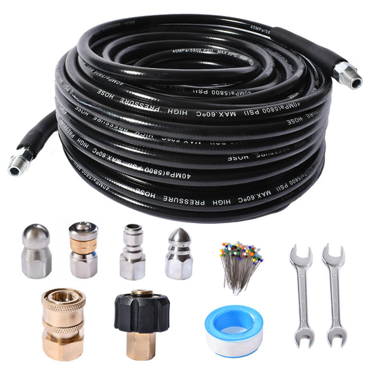 Sewer Jetter Kit for Pressure Washer 5800 PSI Drain Cleaner Hose 1/4 Female NPT,Button Nose,Pressure Washer Adapter,Button Hose Sewer Jetting Nozzle Pearl Corsage Pin Waterproof Tape with 2 Spanner