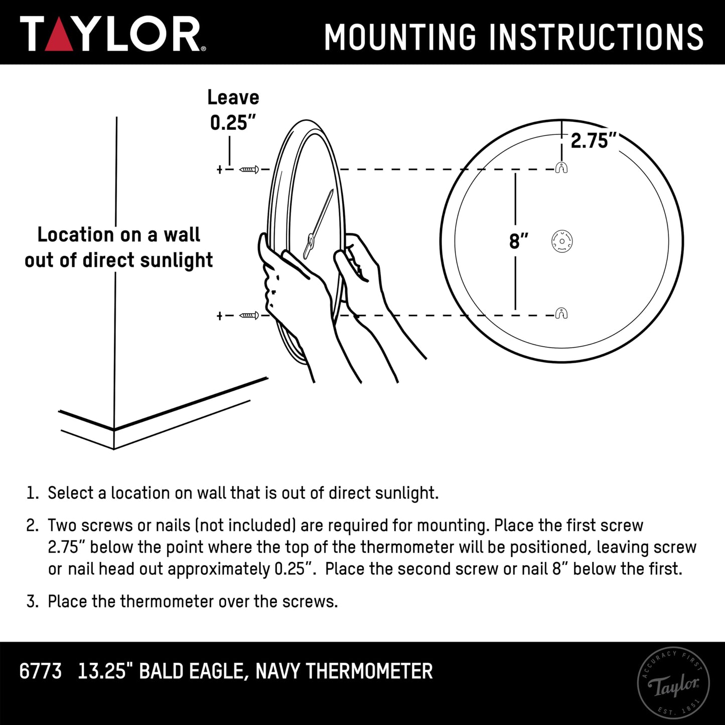 Taylor Bald Eagle Indoor Outdoor Dial Thermometer, Easy to Read Wall Decor for Patio, Pool, Yard, Garden or Garage, 12x14-inch, Charcoal Bezel