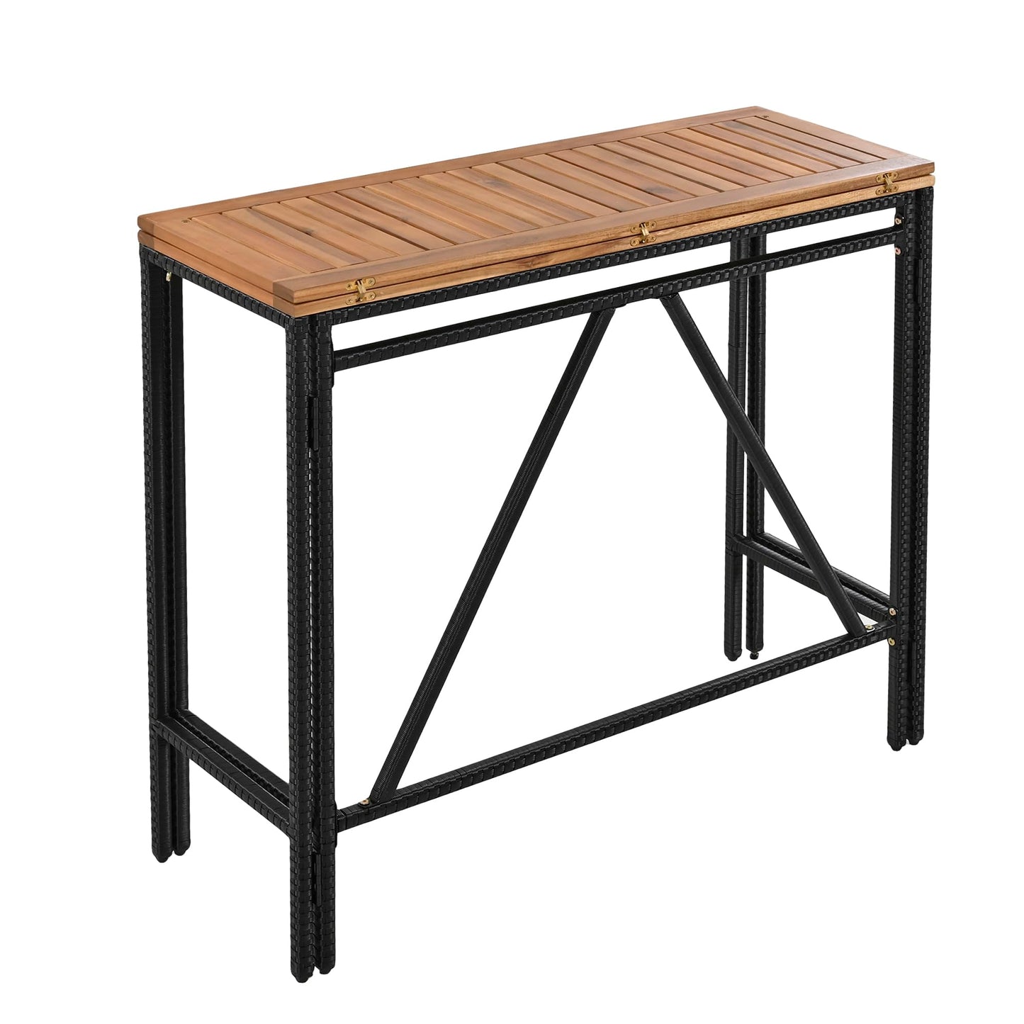 Merax 5-Piece Outdoor Bar Table and Chairs Set for 4, Acacia Wood PE Rattan Wicker Table and 4 Bar Height Stools with Cushions, Foldable Tabletop, Dining Bistro Set All-Weather Patio Furniture, Brown