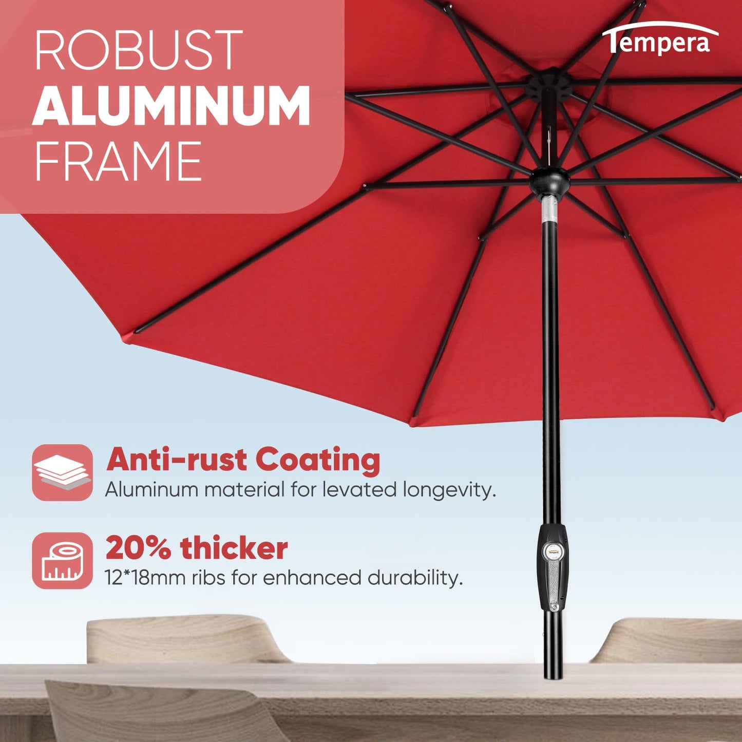 Tempera 9ft Patio Market Outdoor Table Umbrella with Auto Tilt and Crank, Large Sun Umbrella with Sturdy Pole & Fade Resistant Canopy, Easy to Set, Rust Red