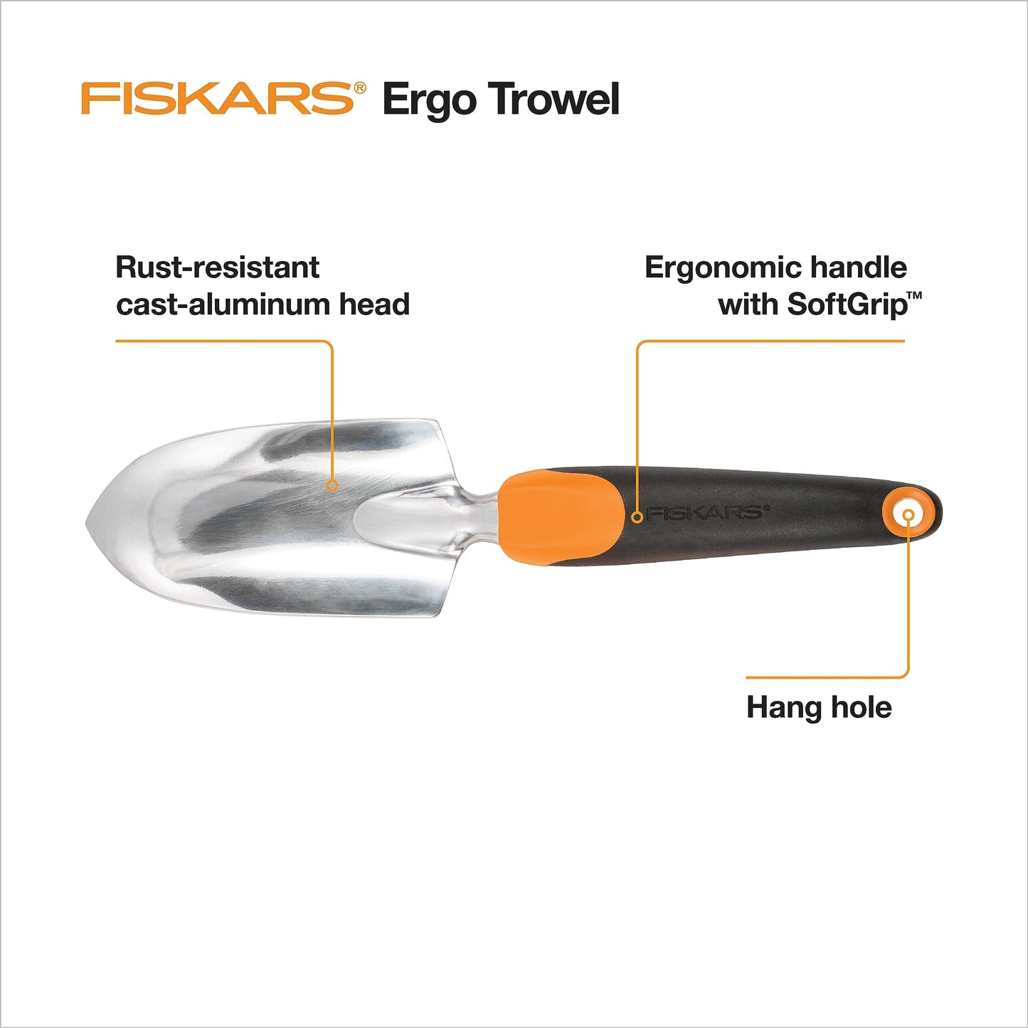 Fiskars Trowel, Heavy Duty Gardening Hand Tool with Hang Hole, For Digging and Planting, Rust Resistant Cast Aluminum, Ergonomic Handle and Comfort Grip, Gardening Tools for Yard