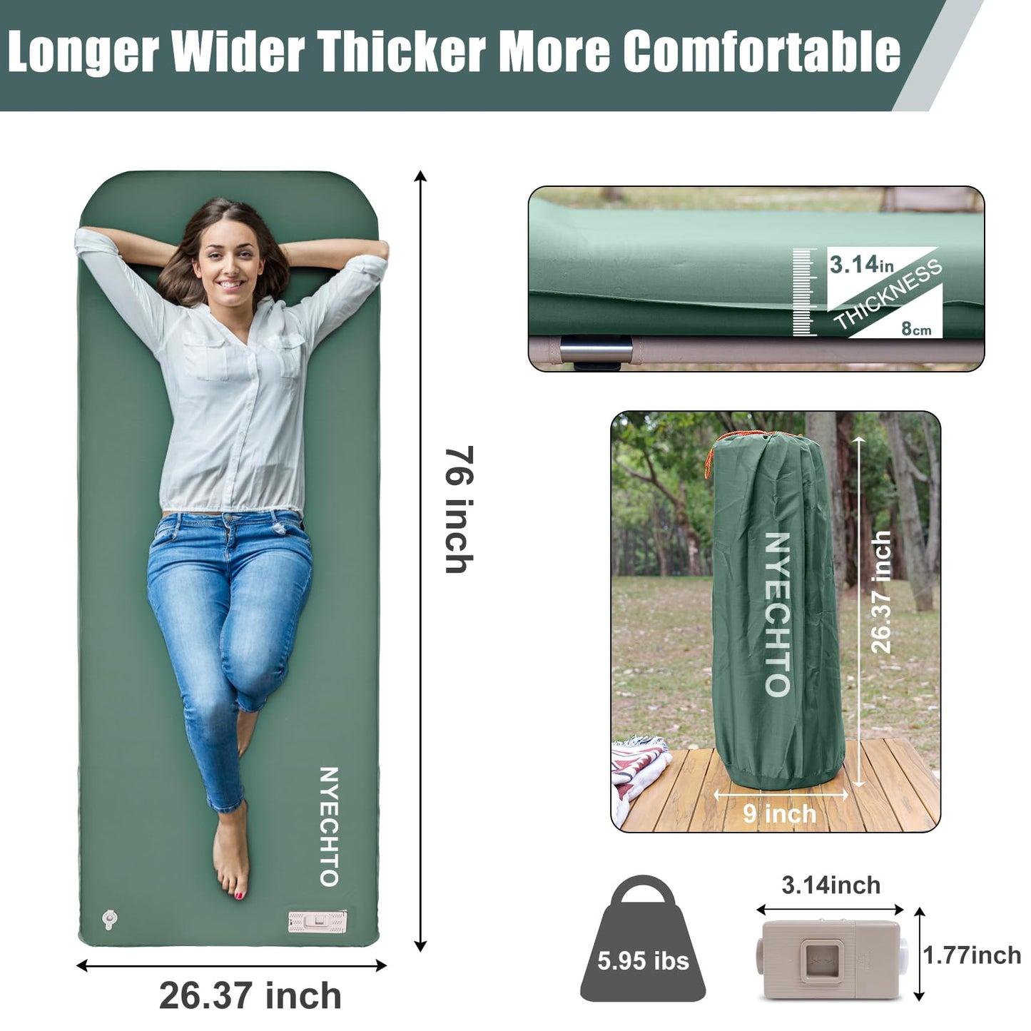 Self Inflating Sleeping Pad with Electric Pump, 3.14" Ultra-Thick Memory Foam Sleeping Mats for Camping,Easy Inflate&Deflate,9.5 R-Value Insulated Camping Mattress Pad with Pillow for Car Travel Tent