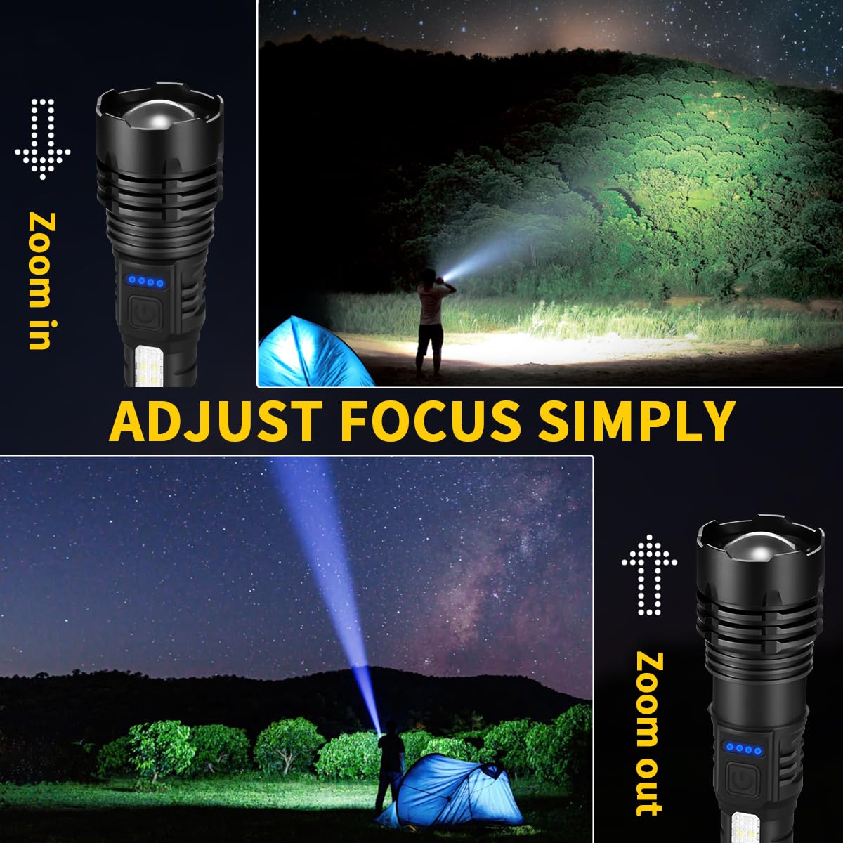 ZioeYiue Rechargeable Flashlights High Lumens, 7Mode Flashlights Rechargeable, Super Bright Flashlight Camping, Adjustable Tactical Flash Light High Powered, LED Flashlight for Home Emergency 4Pack