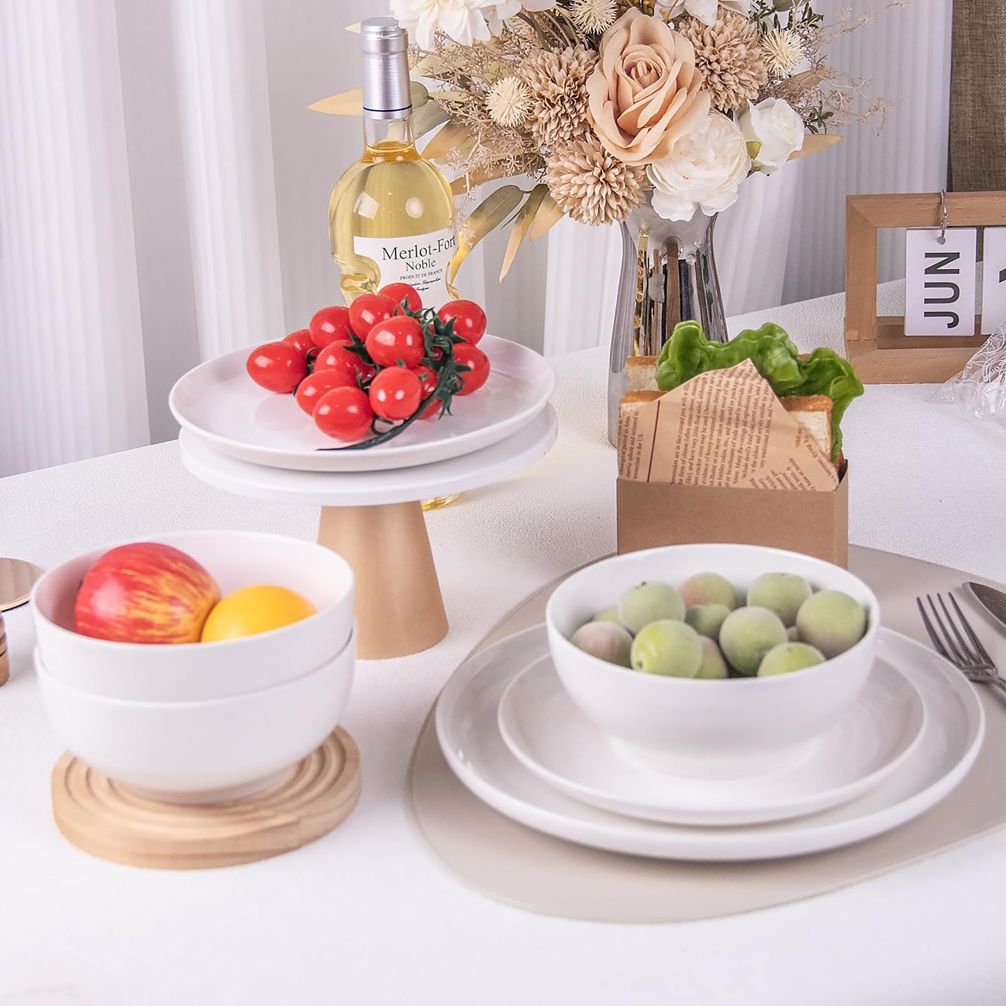 Anveena Dinnerware Set for 4, 12 Piece Plates and Bowls Set, White Porcelain Dish Set Microwave Safe Dishwasher Safe Chip Resistant for Everyday Dining