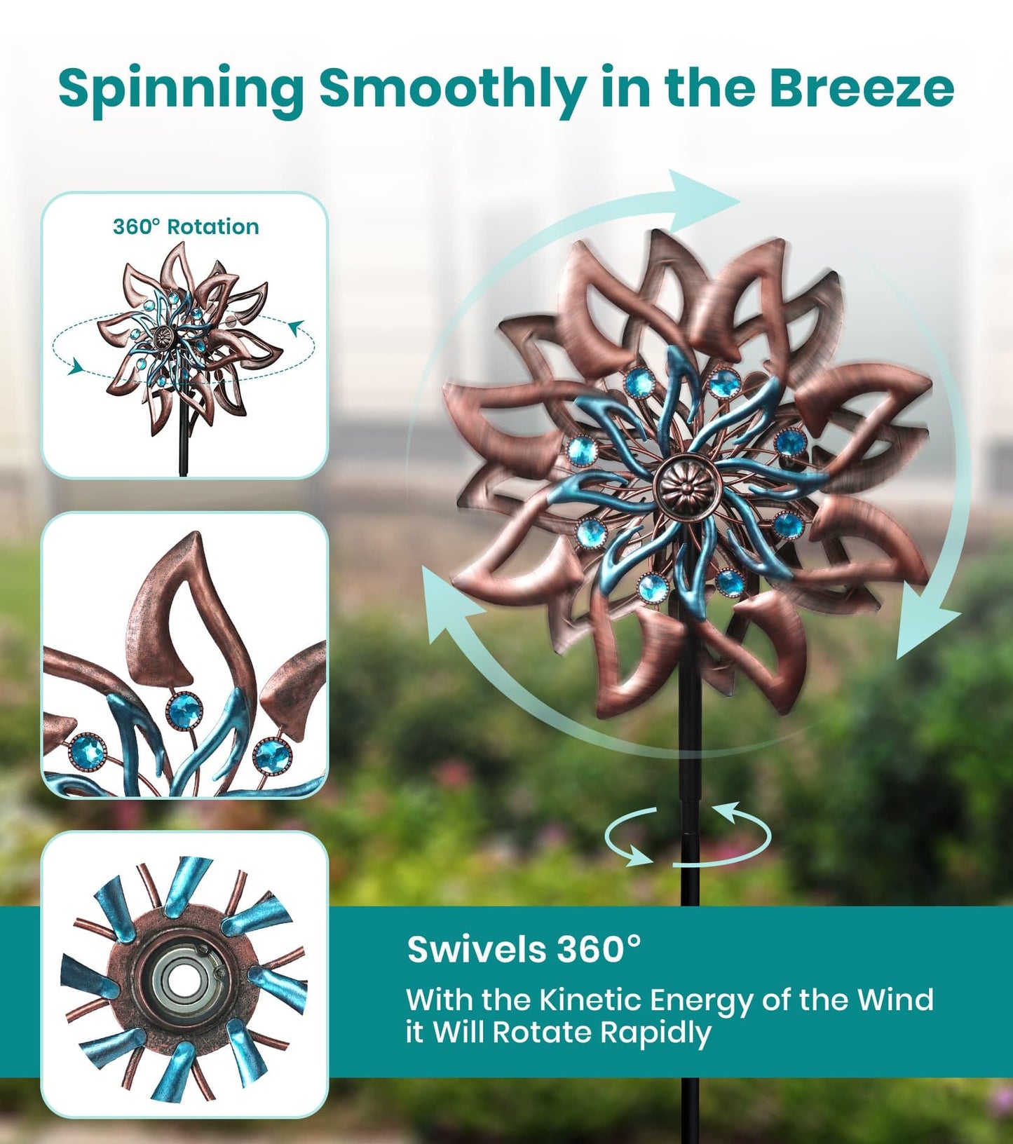 VUFOZ 360° Garden Wind Spinner for Outdoor Yard Art – W13xH64 Kinetic Windmill for Garden, Lawn, and Patio – Dahlia-Inspired Copper and Teal Wind Spinners Outdoor Decorative Yard Art