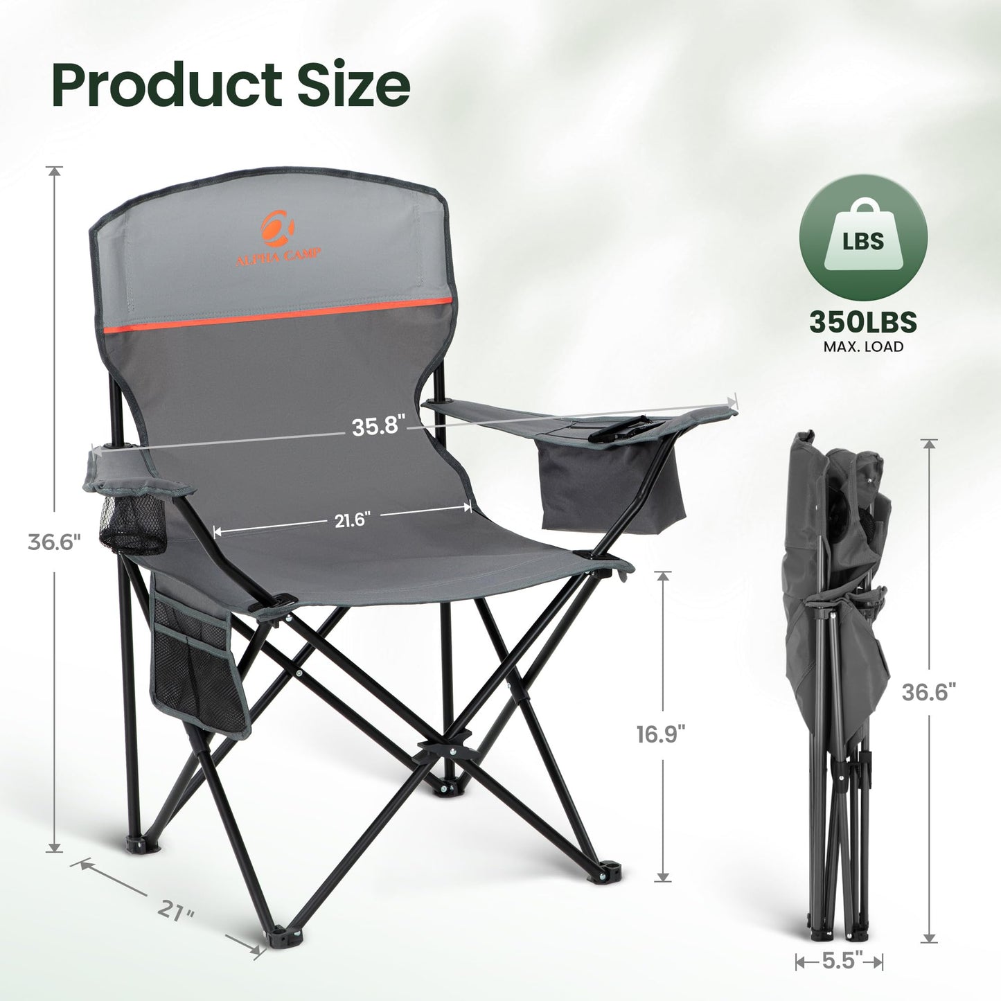 HIGH POINT SPORTS 2 Pack Portable Camping Chair for Adults, Folding Outdoor Camp Chair Lightweight Lawn Chairs Folding Collapsible Chair for Camping, Tailgates, Beach, Gray, Support 350 lbs